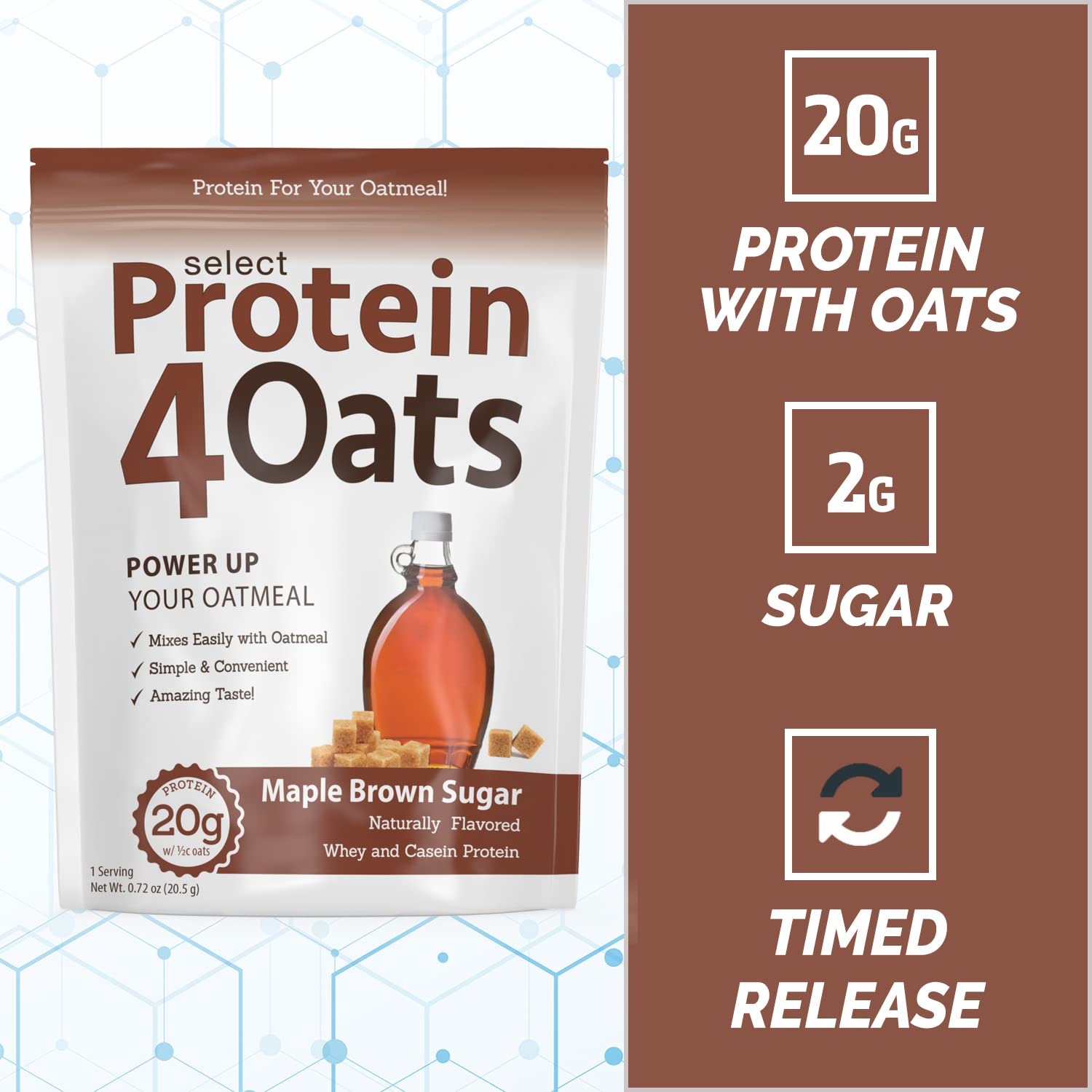 PEScience Select Protein4Oats - Maple Brown Sugar Flavor, 12 Servings, Whey & Casein Protein Blend for Oatmeal - Perfect for Breakfast, Post-Workout Recovery & Healthy Snacking