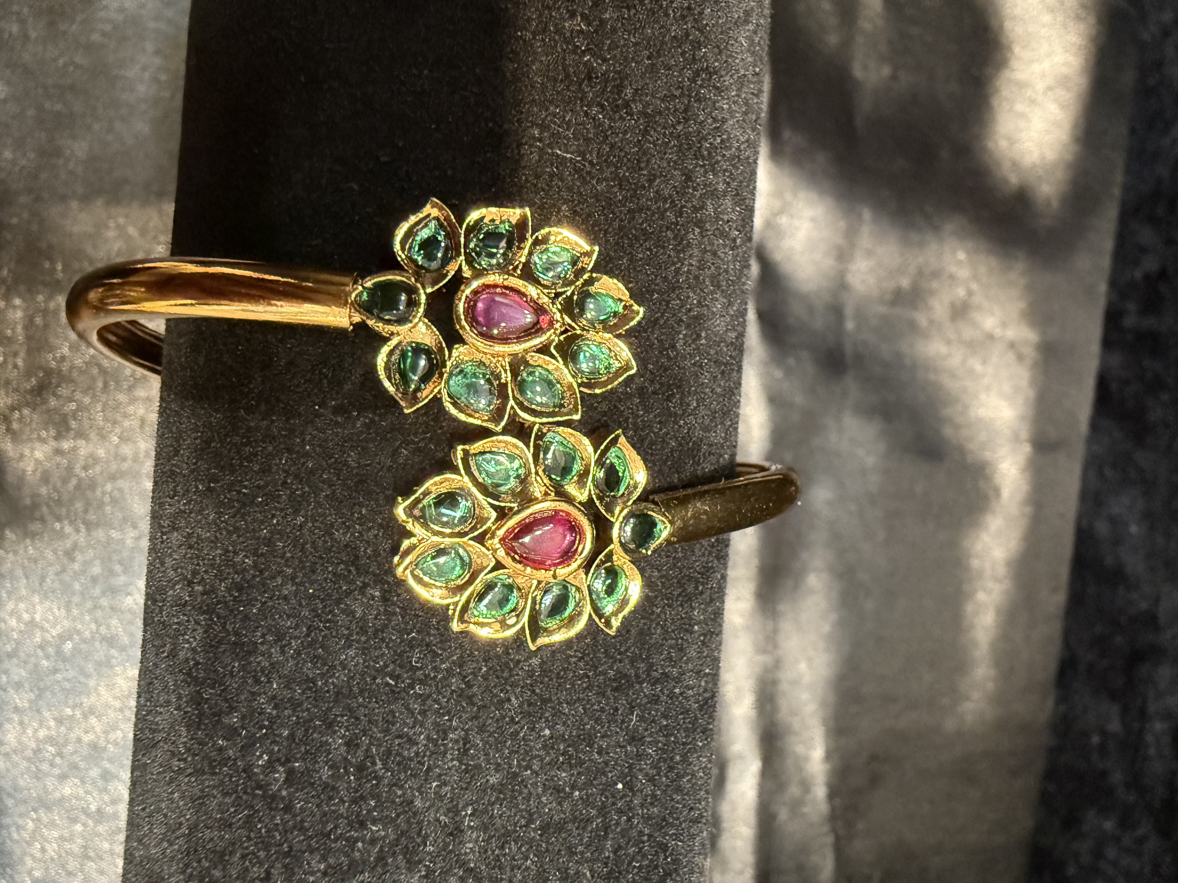 Elegant Gold Plated Bracelet with Green & Hot Pink Stones and Floral Design - Perfect for Parties, Weddings & Special Occasions