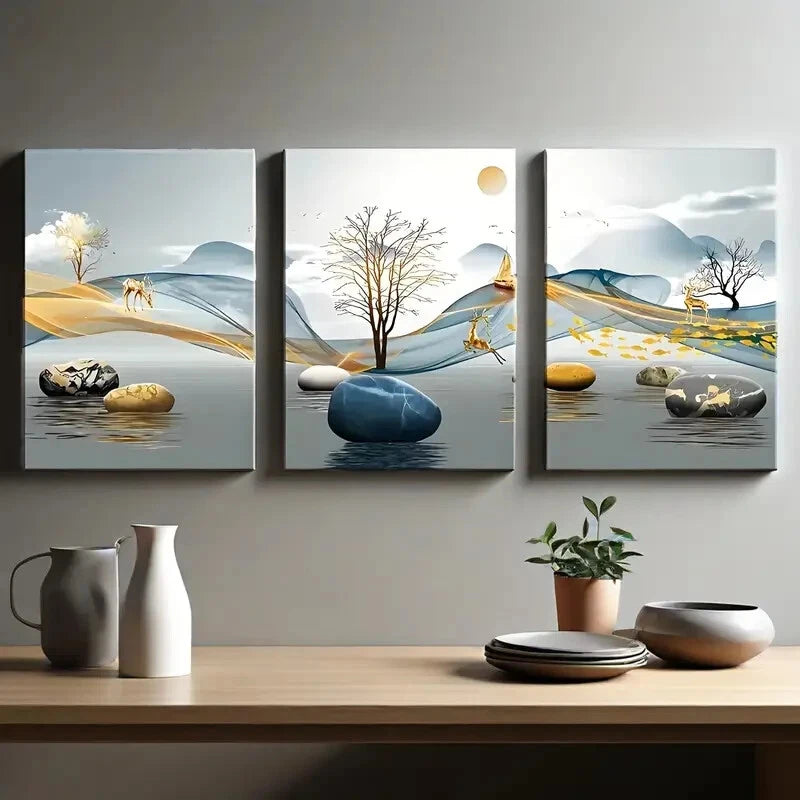 3-Piece Abstract Geometric Landscape Elk Metal Wall Art - Ready to Hang Modern Home Decor for Living Room, Bedroom & Office