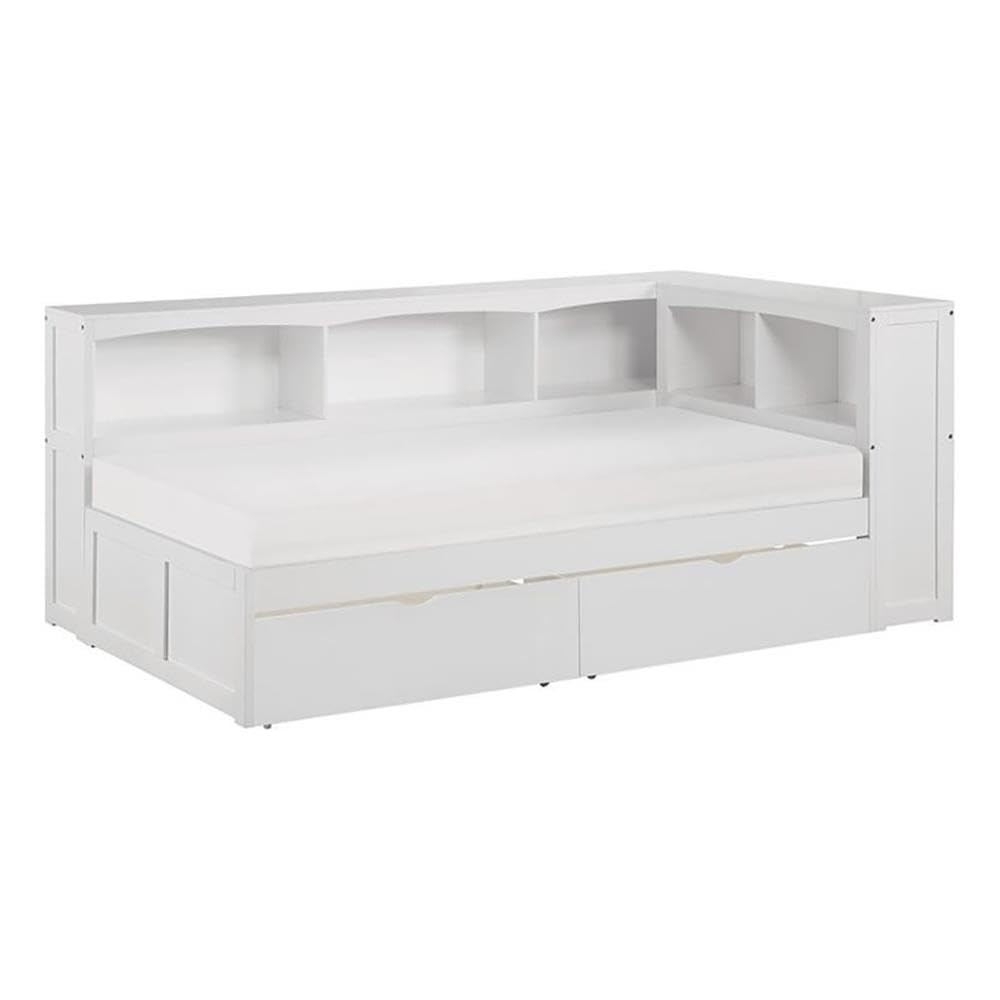 Pemberly Row Transitional 5-Shelf Wood Twin Bookcase Corner Bed in White - Perfect for Kids Bedroom, Nursery or Small Space Storage Solution