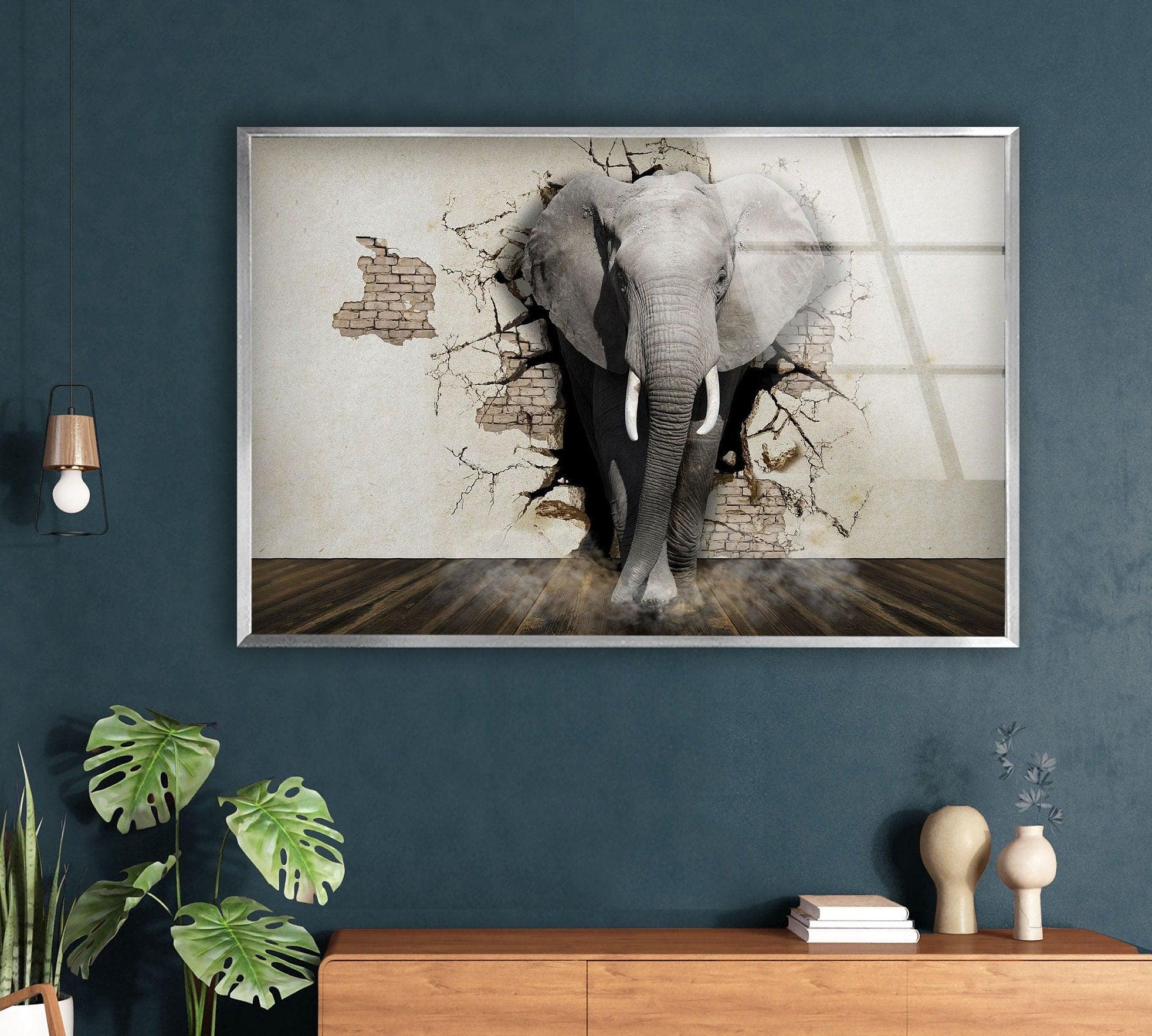 3D Elephant Art Glass Wall Decor - Handmade Modern Home Decoration for Living Room, Bedroom, Office - Unique Gift Idea for Animal Lovers