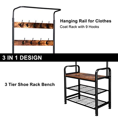 Rustic Industrial Coat Rack Hall Tree with Shoe Bench - Entryway Organizer with Hooks & Storage Shelf for Hallway, Bedroom & Living Room - Easy Assembly Home Furniture for Small Spaces & Apartment Entryways
