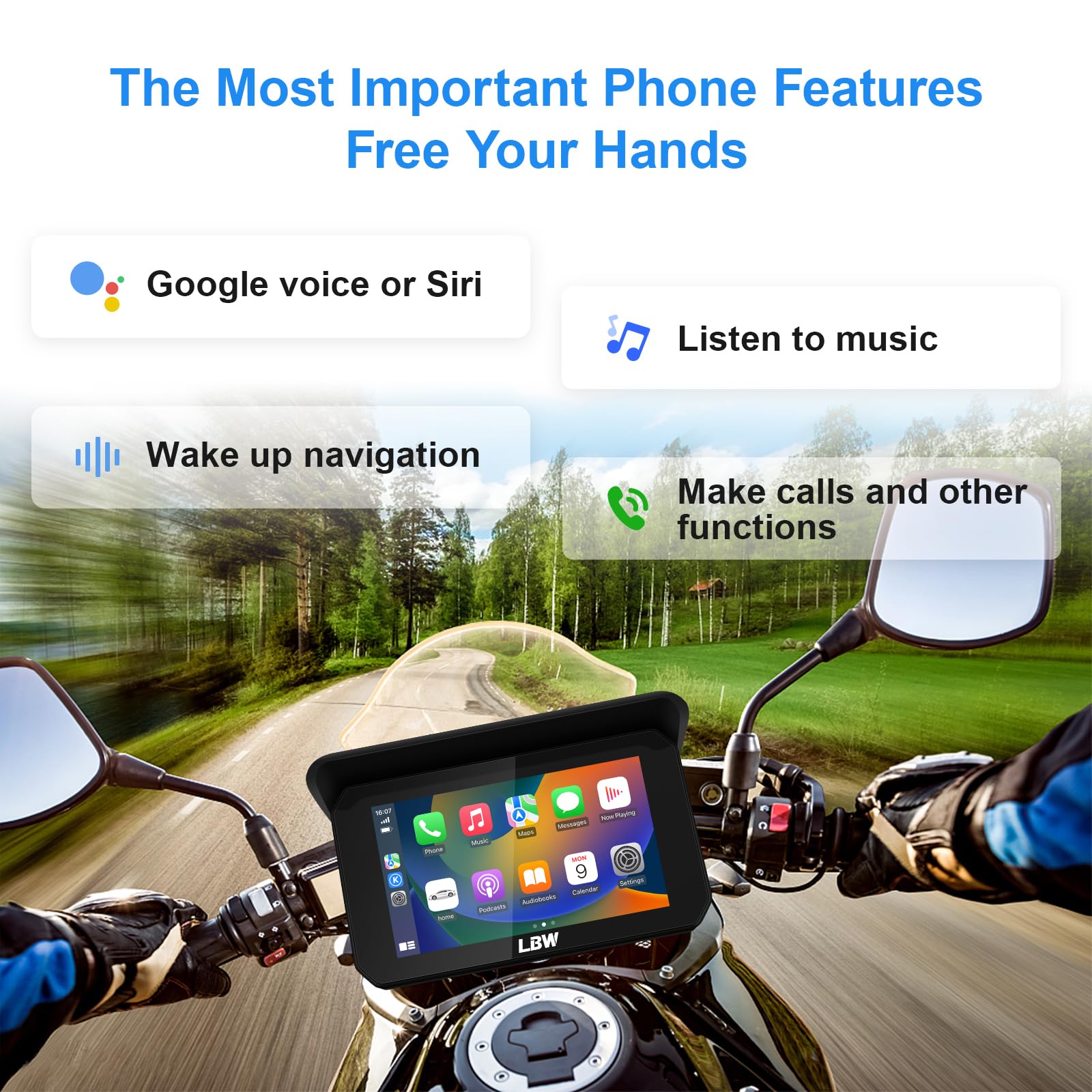 Upgraded 5 Inch IPS Touch Screen Portable Wireless Apple CarPlay & Android Auto GPS Navigation for Motorcycle - Bluetooth, Waterproof Stereo, Supports Siri & Google Assistant - Perfect for Commuting, Road Trips and Adventure Riding