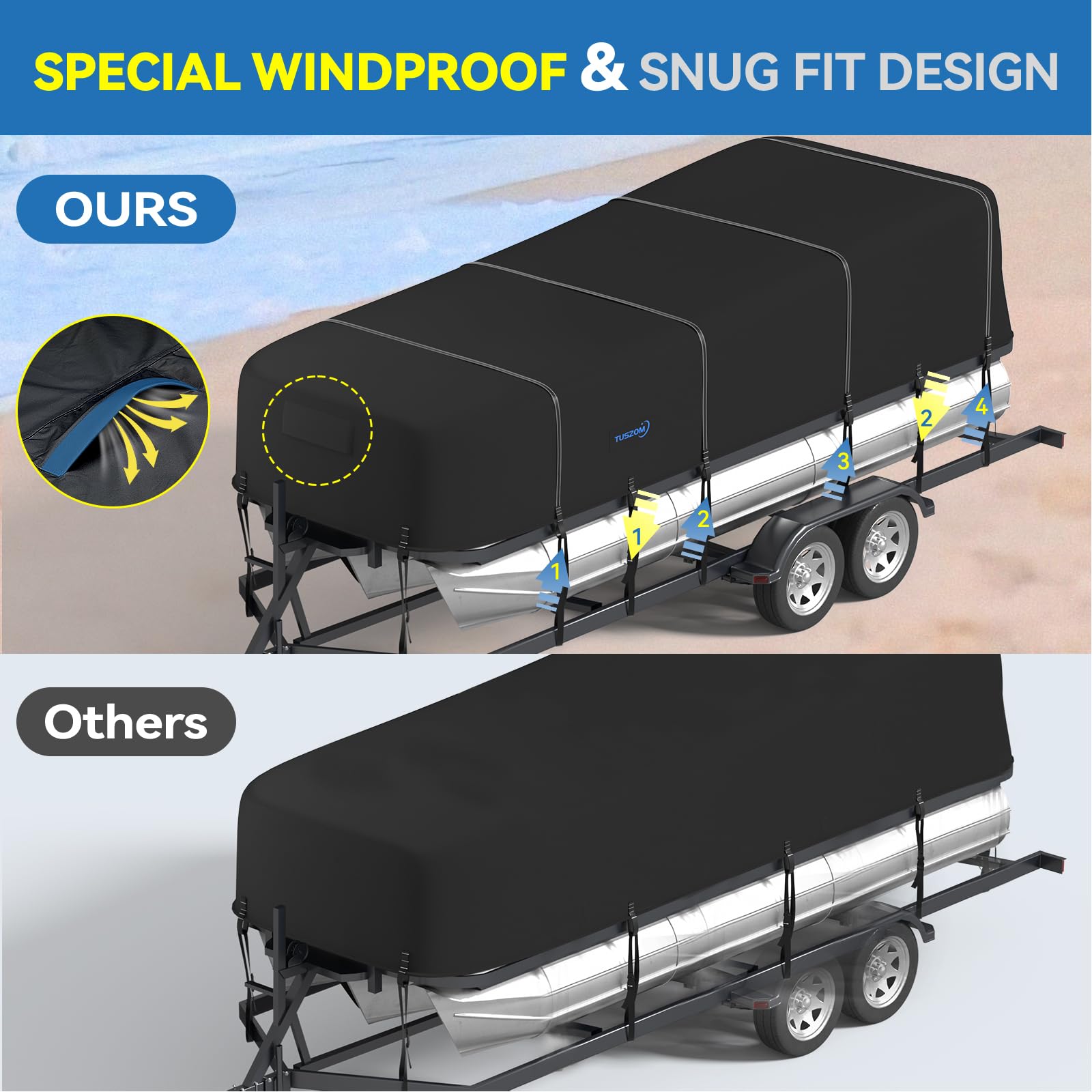 Tuszom True 900D Heavy-Duty Waterproof Pontoon Boat Cover - 17-20ft Trailerable & Mooring Cover with Motor Protection, 12+4 Windproof Straps, Solution-Dyed Tear-Resistant Fabric - Perfect for Outdoor Storage, Marina Use & Boat Protection During Transport