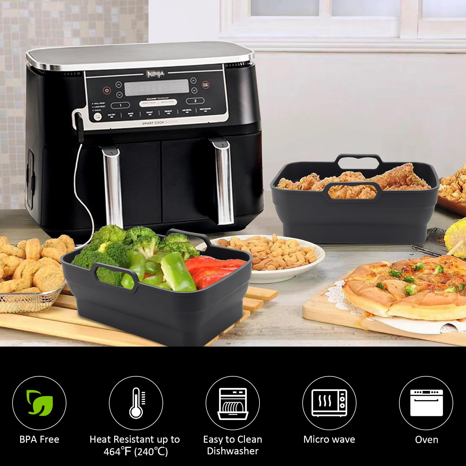 Ninja Foodi Dual DZ090 6QT Air Fryer Silicone Liners - 2 Pack Reusable Non-Stick Basket Bowl & Collapsible Baking Tray - Perfect for Healthy Frying, Roasting & Baking Accessories (Black)