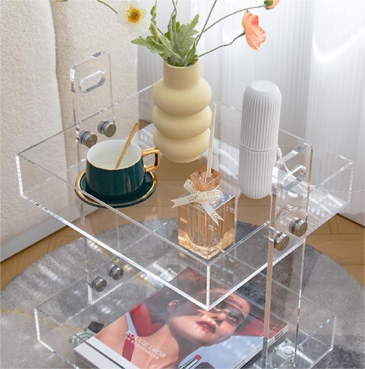 Gdrasuya10 2-Tier Clear Acrylic Rolling Serving Cart with Wheels - 16 Inch Mobile Side Table for Living Room, Bedroom, Party & Balcony - Perfect for Snacks, Drinks, Books & Home Decor Storage
