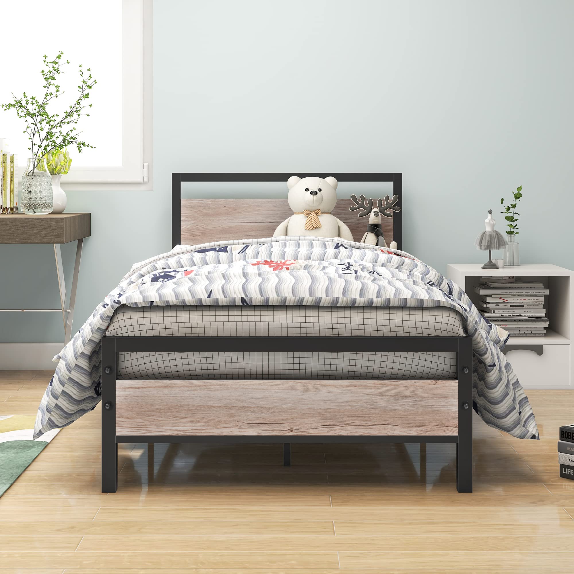 HOJINLINERO Solid Metal Platform Bed Frame with Wood Headboard & Footboard - Heavy Duty Steel Slats, No Box Spring Needed - Twin Size Natural Oak Finish - Perfect for Modern Bedrooms & Guest Rooms
