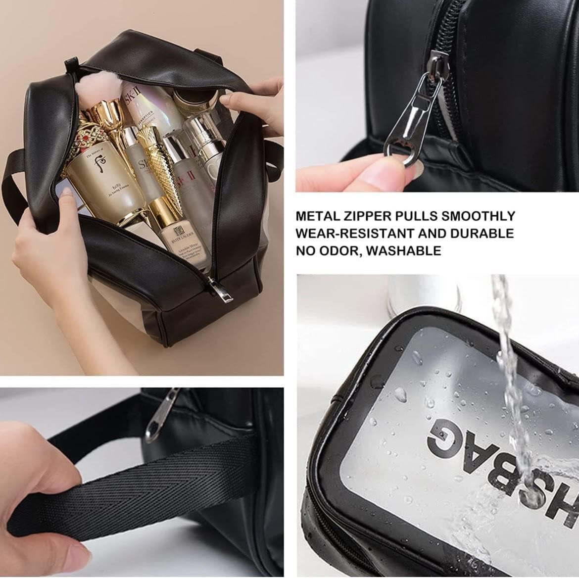 Pristu Clear Waterproof Makeup Pouch Set - Travel Cosmetic Organizer Bag for Women & Girls - Toiletry Storage Kit for Cosmetics, Brushes & Accessories (Black) | Perfect for Travel, Gym & Daily Organization