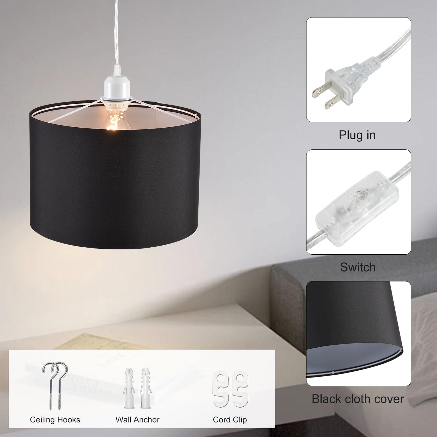 2 Pack Plug in Pendant Light with 15Ft Clear Cord & On/Off Switch - Black Fabric Lamp Shade Hanging Light Fixture for Bedroom, Kitchen, Dining Table & Living Room - Perfect for Modern Home Decor, Farmhouse Style & Apartment Lighting