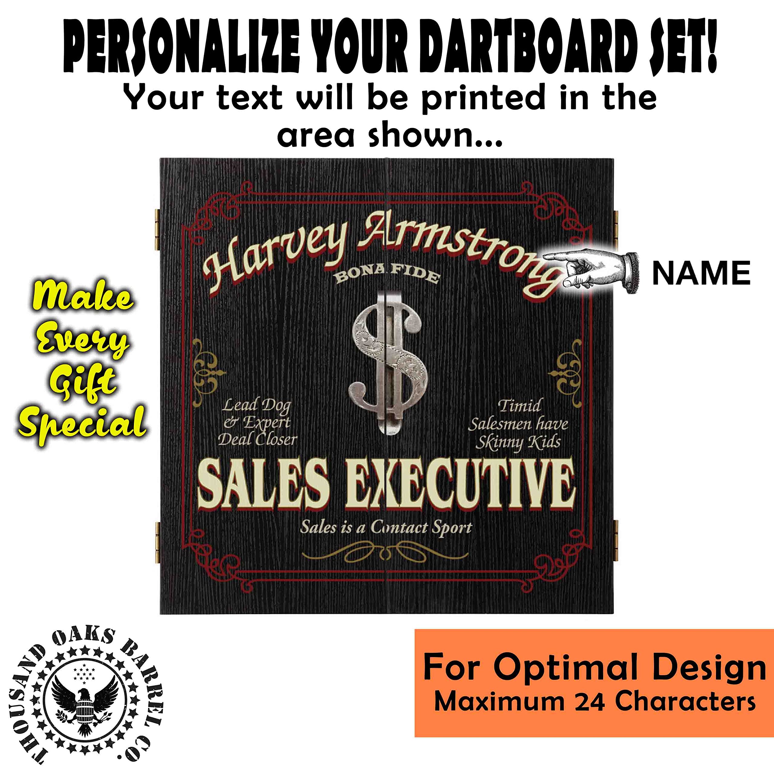 THOUSAND OAKS BARREL CO. Personalized Dartboard Cabinet Set with 6 Steel Tip Darts - Professional Bristle Dart Board for Adults - Includes Eraser & Chalk Scoreboard - Perfect for Game Rooms, Bars, and Home Entertainment