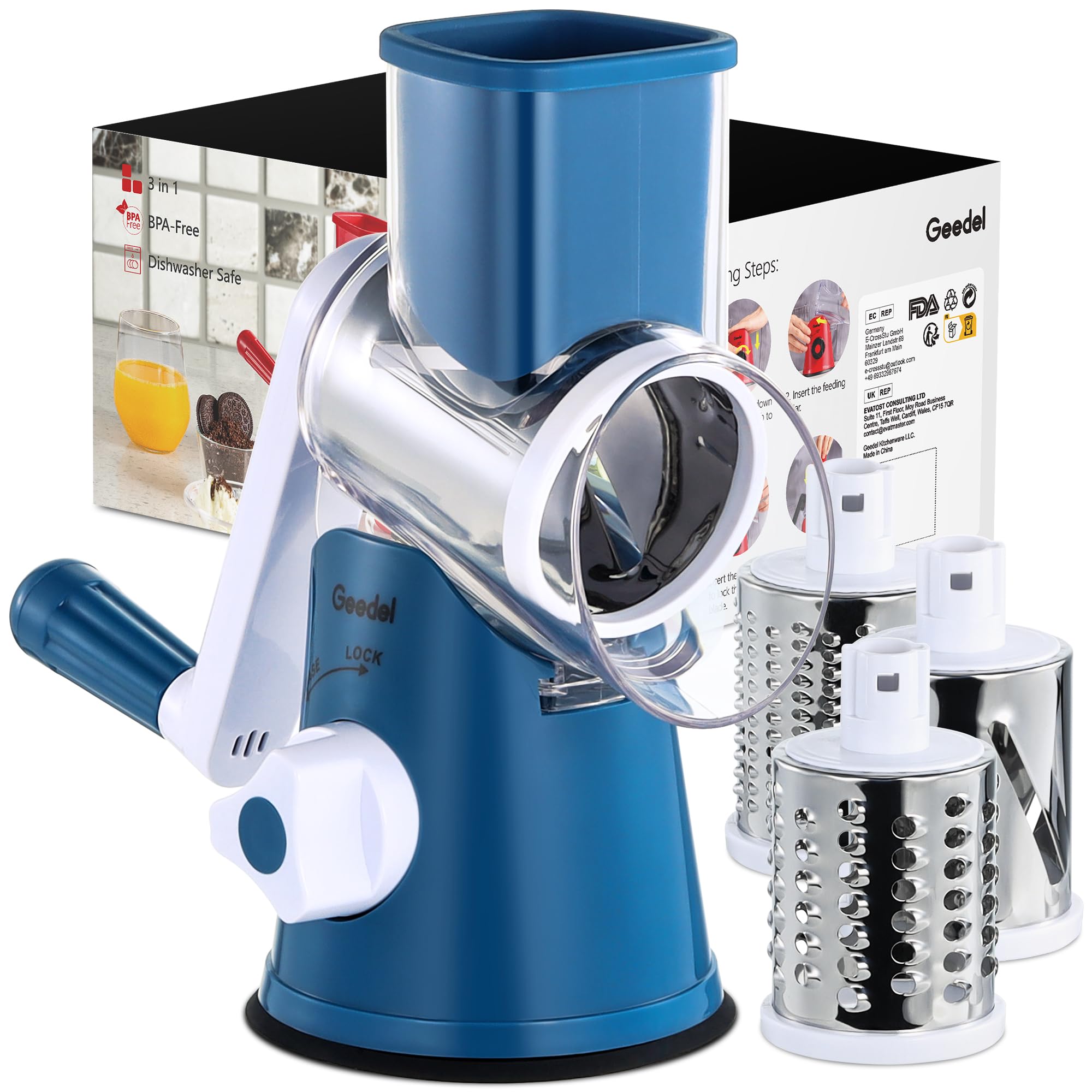 Geedel Rotary Cheese Grater & Vegetable Slicer - 3 Interchangeable Blades for Fruits, Nuts, Cheese | Easy Clean Kitchen Mandoline | Perfect for Salads, Pasta Garnish & Meal Prep