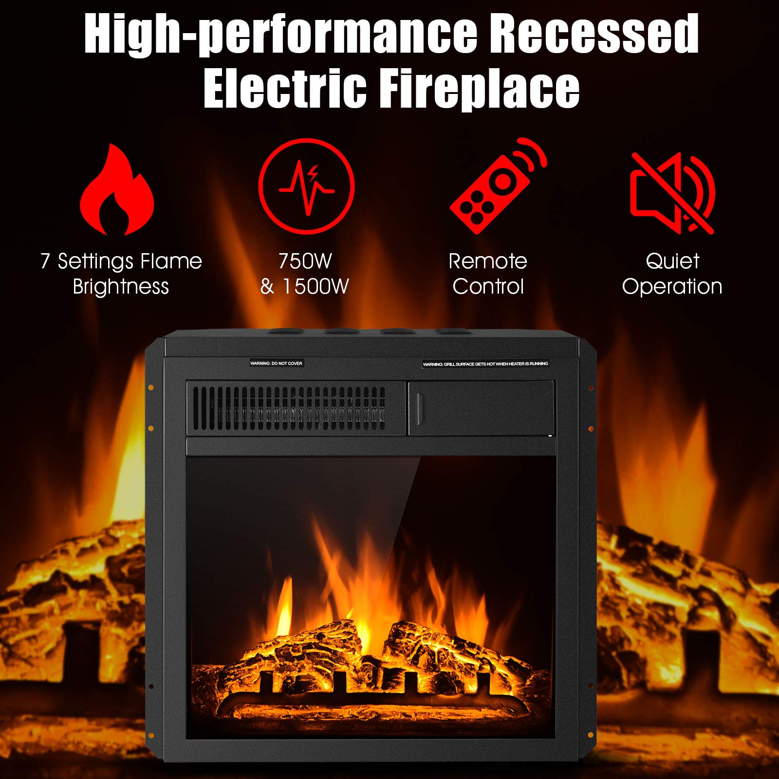 Tangkula 18 Inch Electric Fireplace Insert with Remote Control - Freestanding & Recessed Indoor Heater, Adjustable Temperature, 7 Realistic Flame Settings - Perfect for Living Rooms, Bedrooms & Home Offices (18