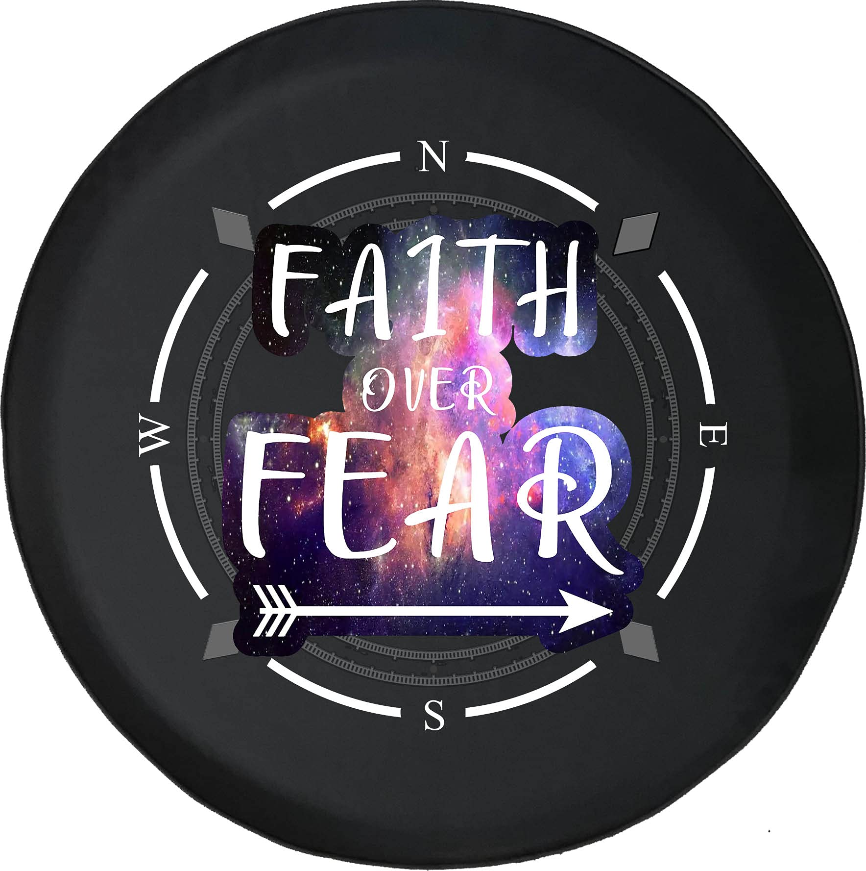 American Unlimited Spare Tire Cover with Compass Design - 'Faith Over Fear' Galaxy Print Wheel Cover for SUV, Trailer, RV Accessories | Durable & Weatherproof for Off-Road Adventures & Camping Trips