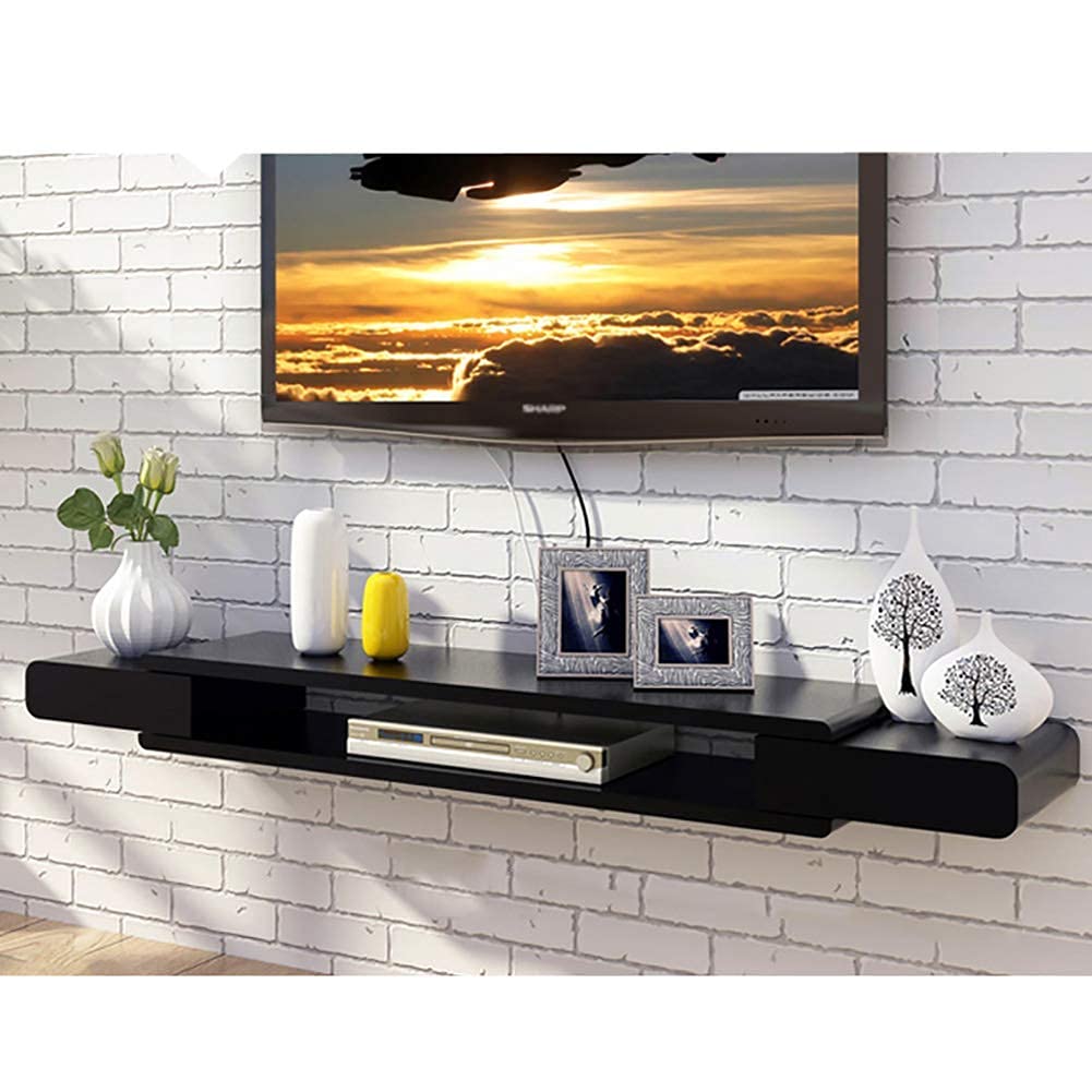 2-Tier Floating TV Shelf - 43 Inch Wall Mounted Media Console for TV, Cable Box, Router & Remote - Space-Saving Black Entertainment Center for Living Room & Bedroom Organization (110cm)