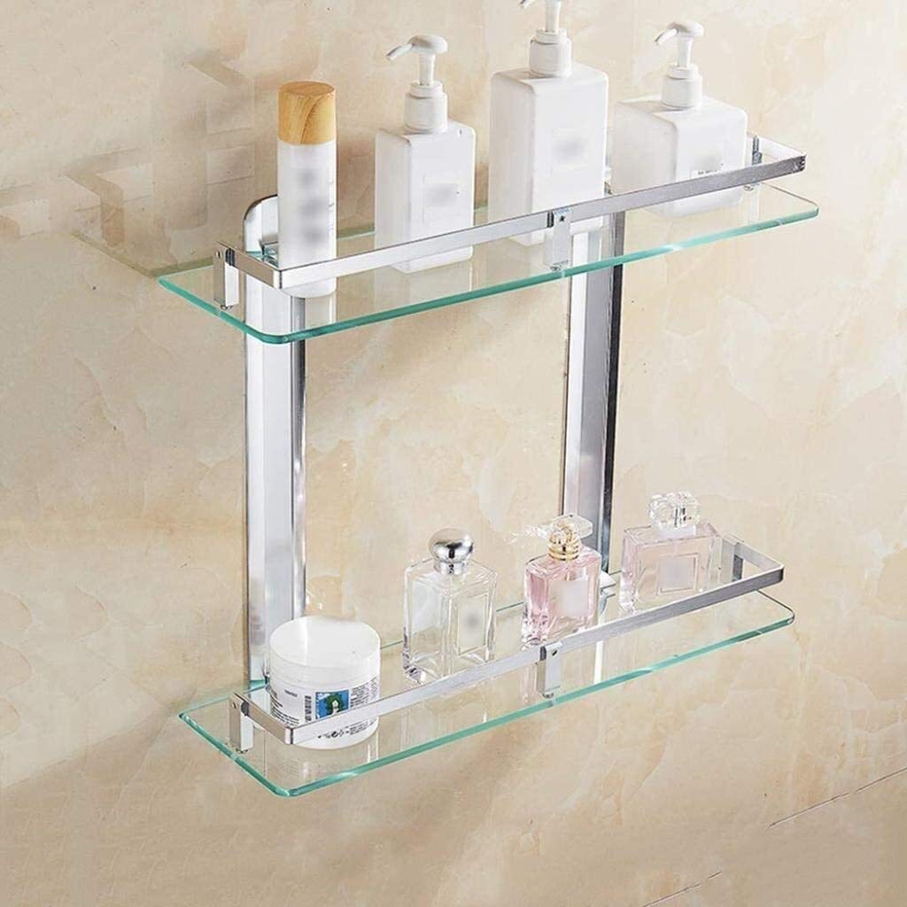 Double Tempered Glass Bathroom Storage Shelf - Space-Saving Shower Organizer with Aluminum Towel Bar for Bathroom & Shower Organization