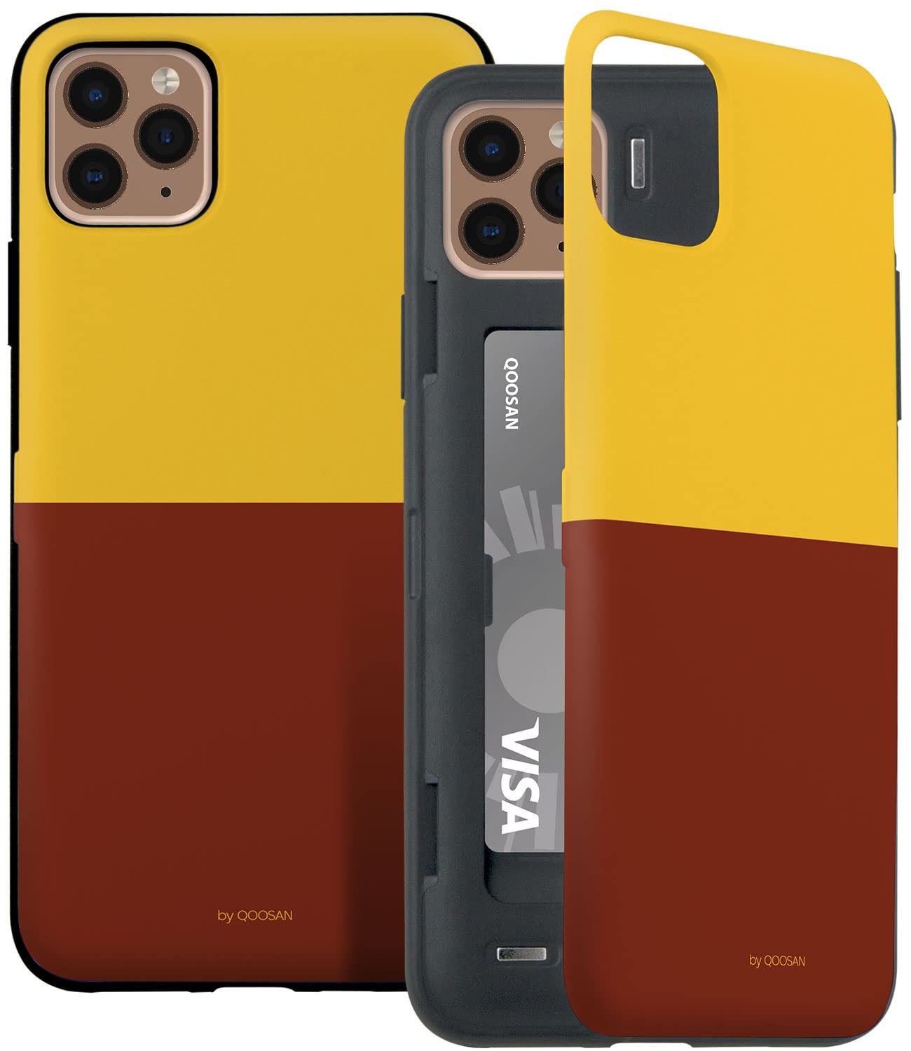 Qoosan Two Tone iPhone 11 Pro Max Wallet Case (6.5 inch) - Slim Hard PC Back Cover with Card Holder, Kickstand & Mirror | Shockproof Protective Phone Case | Perfect for Everyday Use, Travel & Business (Yellow)