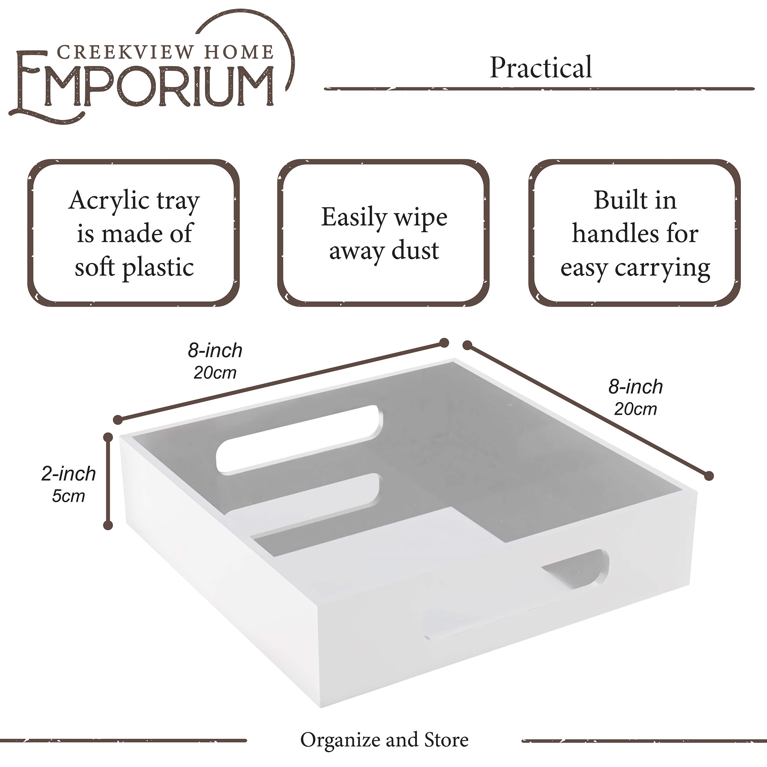 White Acrylic Vanity Tray with Handles - 8x8 Inch Square Decorative Organizer for Makeup, Jewelry & Bathroom Essentials - Perfect for Dressing Table, Countertop & Home Decor