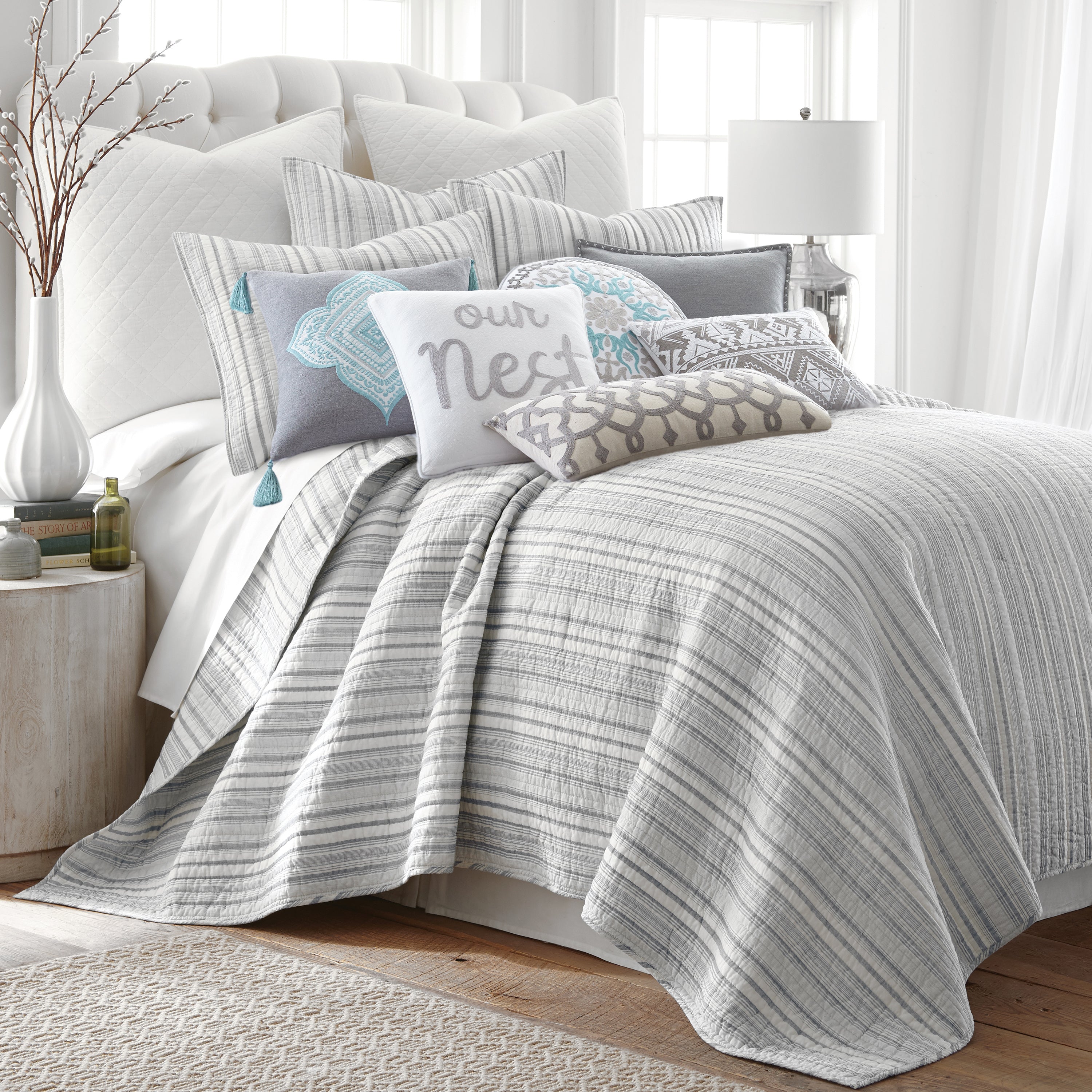 Bondi Stripe Grey Crewel Stitch Linen Pillow Cover - Handmade Embroidery Home Decor for Sofa, Bedroom & Living Room