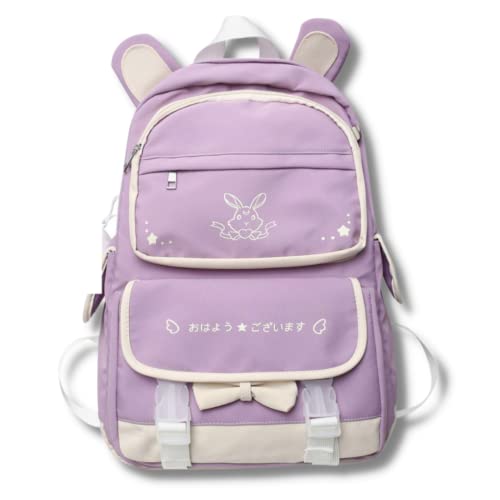 Korean Kawaii Cute Japanese Pastel Bunny 16 Inch Laptop Backpack for Teen Girls - School College Travel Backpack with USB Charging Port (Purple) | Perfect for School, Work, Travel & Daily Use