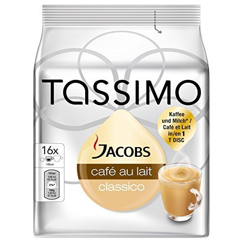 Tassimo Jacobs Café au Lait Coffee Capsules - 16 T-Discs of Rich Milk Coffee with Roasted Ground Coffee Beans | Perfect for Home Brewing, Office Use & Breakfast Time