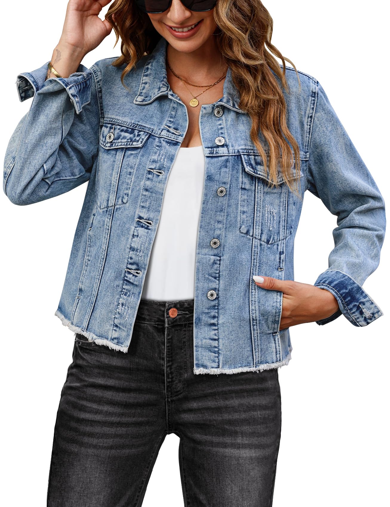 Vintage Distressed Denim Jacket for Women - Button Up Western Trucker Jacket with Frayed Hem & Pockets | Casual Outfit, Street Style, Fall Fashion