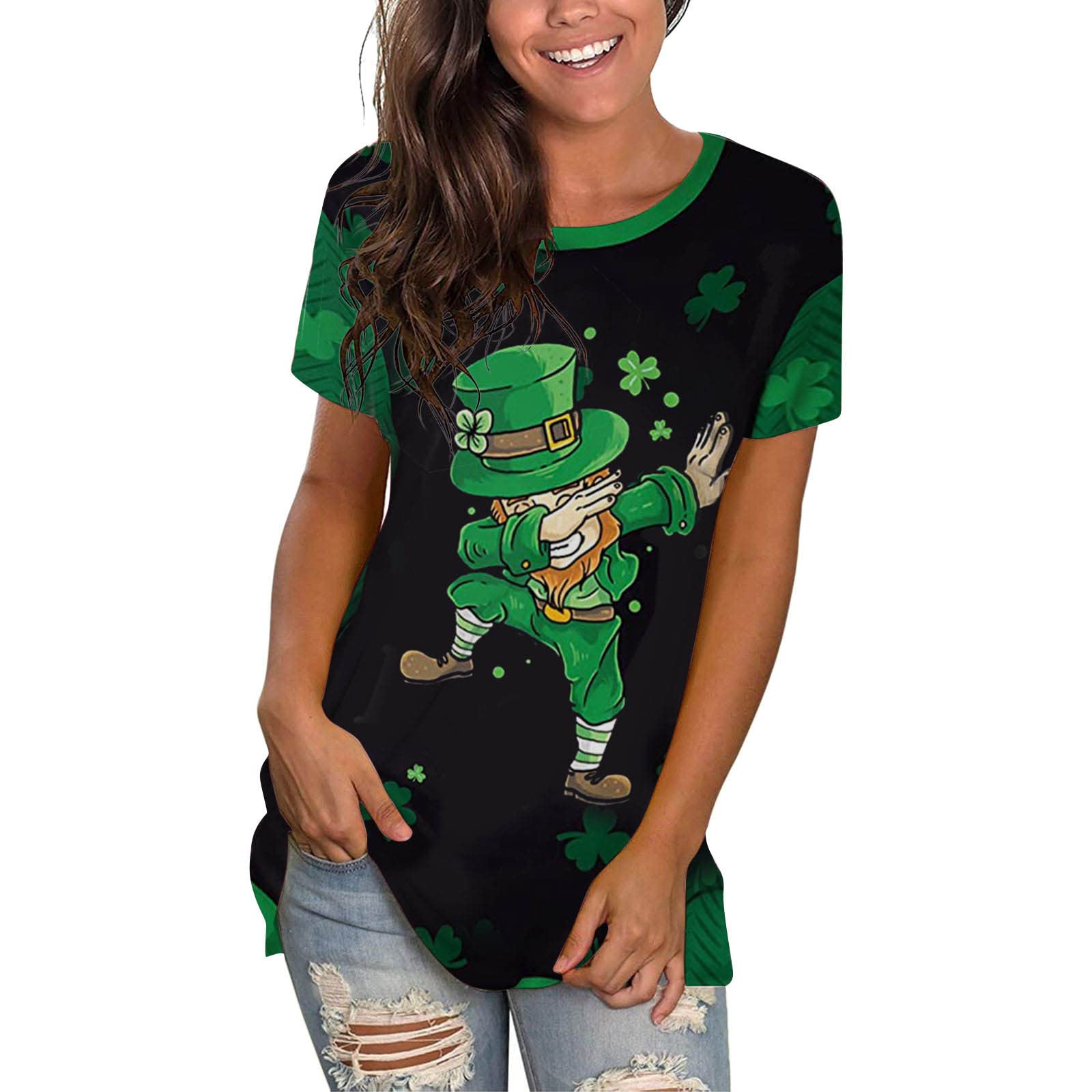 St. Patrick's Day Women's Floral Printed V-Neck Short Sleeve T-Shirt - Summer Rolled Sleeve Casual Top for Parties, Festivals & Everyday Wear