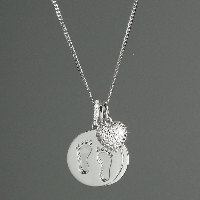 Personalized Sterling Silver Footprints & Cubic Zirconia Heart Pendant Necklace - Unique Baby Keepsake Gift for Newborn, Christening, or Mother's Day