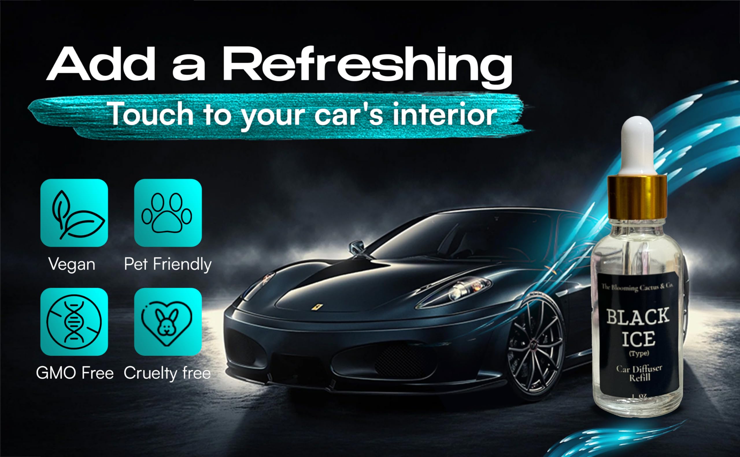 Blooming Cactus & Co. Car Diffuser with Refill - Long Lasting Phthalate-Free Air Freshener Hanging for Vehicles | Black Ice Scent | Perfect for Road Trips, Commuting & Office Use