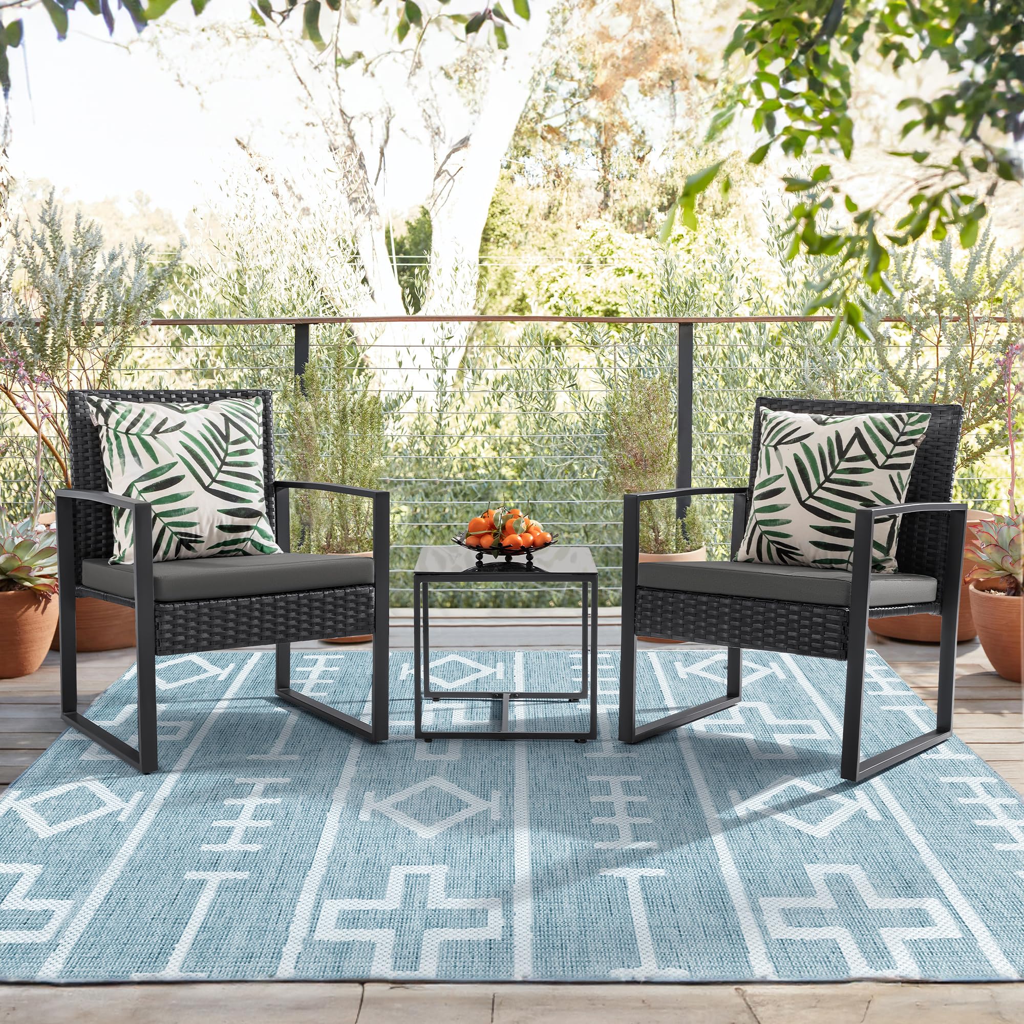 Flamaker 3-Piece Patio Set - Modern Outdoor Wicker Furniture with Rattan Chairs & Coffee Table - Grey Bistro Conversation Set for Backyard, Garden, or Balcony Relaxation