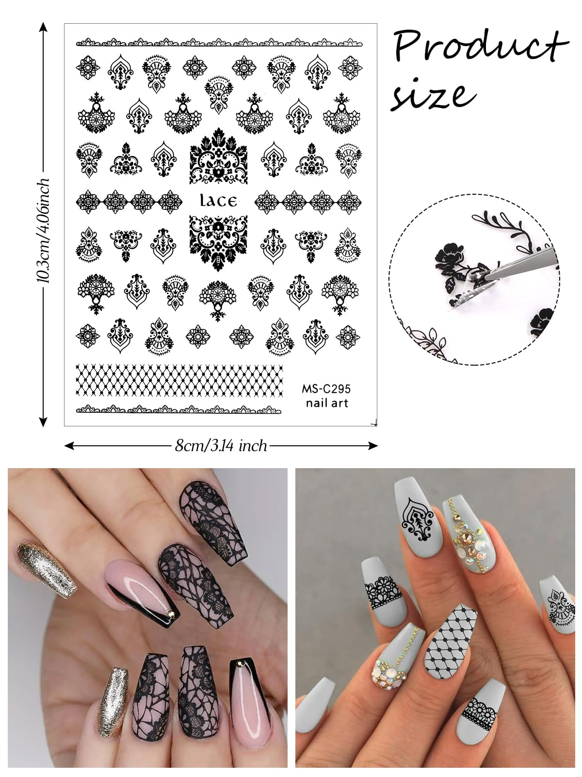 EBANKU 9 Sheets Black Lace Flower 3D Nail Art Stickers - Self-Adhesive Nail Decals for Women & Girls DIY Manicure - Perfect for Parties, Weddings, and Special Occasions