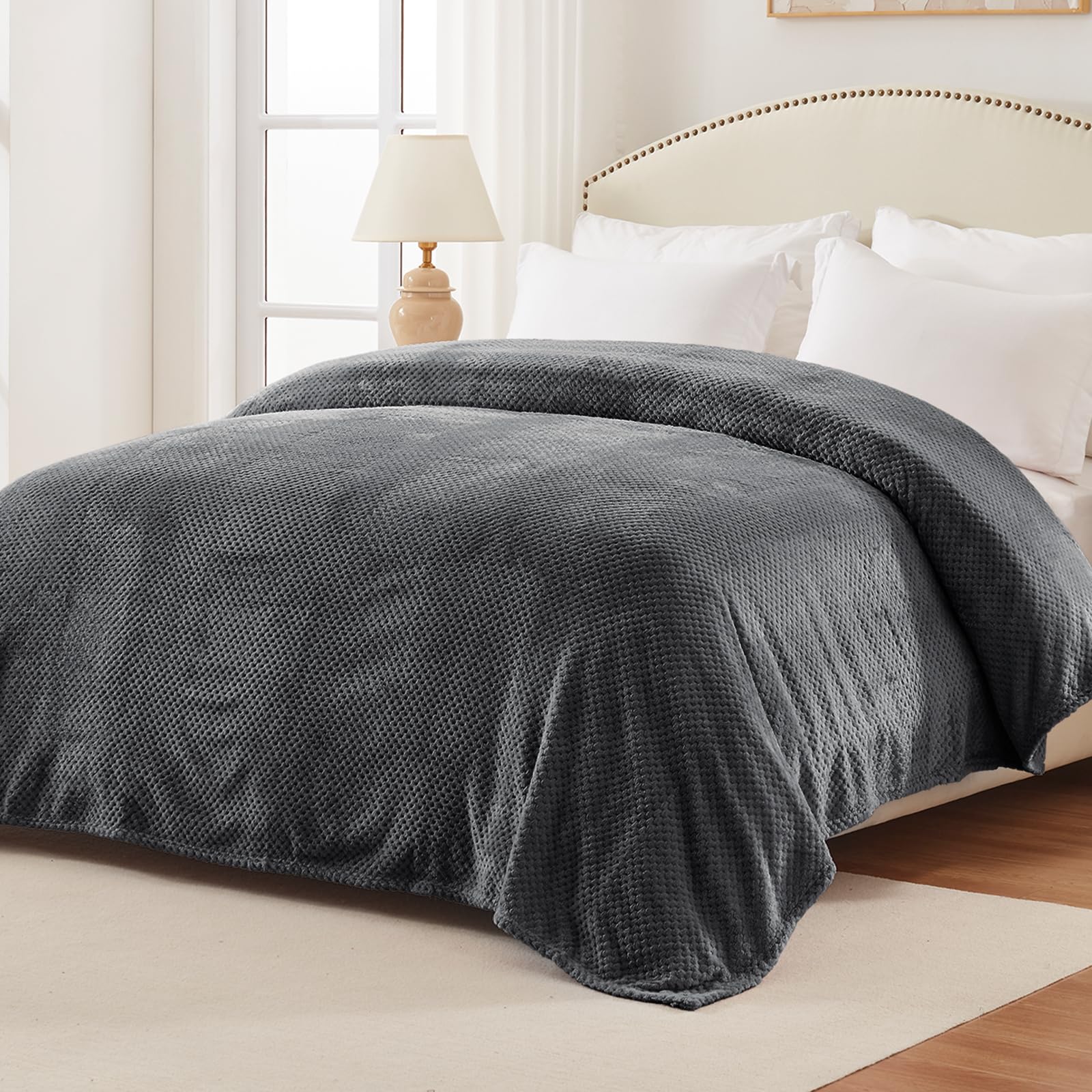 King Size Fleece Blend Waffle Textured Blanket - Ultra Soft, Warm & Lightweight for Bed, Couch & Sofa - Cozy Fuzzy Throw for Winter Nights & Lounging (Dark Grey, 90x104 Inches)
