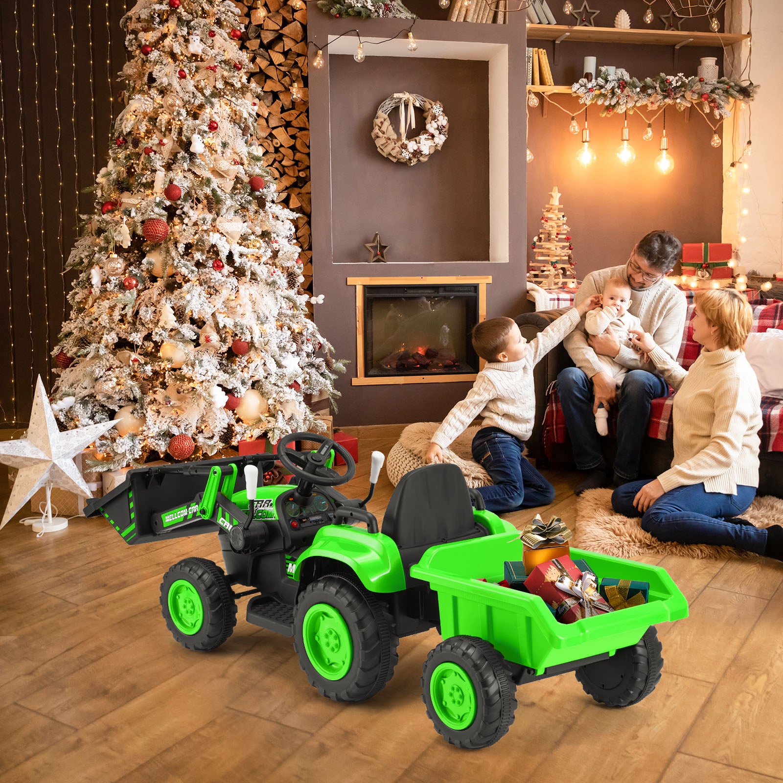 EROMMY 12V Kids Ride-On Bulldozer Toy with Front Loader, LED Lights, Music, Horn & Safety Belt - Green Electric Construction Vehicle for Boys & Girls Ages 3-6 Years - Outdoor Play, Backyard Fun, Birthday Gift Idea