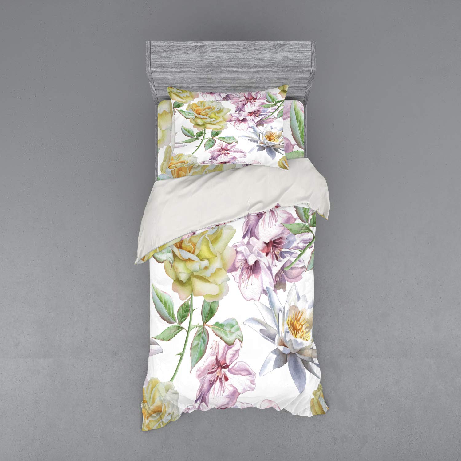 Ambesonne Floral Duvet Cover Set - Rose Petals, Sakura & Lily Flowers Design, 3-Piece Bedding Set with Pillow Sham & Fitted Sheet, Twin Size, Pale Pink Yellow Fern Green - Perfect for Spring Bedroom Decor, Romantic Wedding Gift or Boho Chic Home Styling