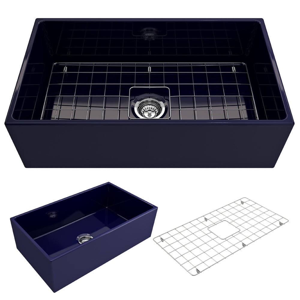BOCCHI CONTEMPO 33 Inch Fireclay Farmhouse Single Bowl Kitchen Sink with Protective Bottom Grid & Strainer - Perfect for Modern Farmhouse, Rustic, and Traditional Kitchen Designs