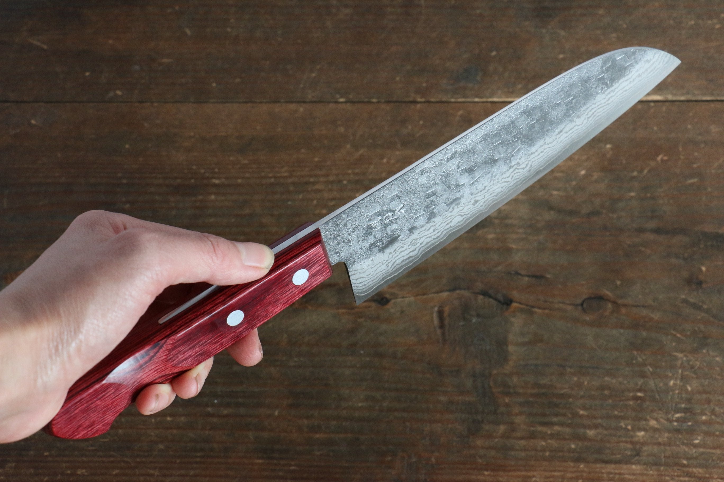 VG10 Hammered Damascus Santoku Knife 7 Inch - Japanese Chef Knife with Red Pakkawood Handle - Perfect for Slicing, Dicing & Chopping Vegetables, Meat & Fish