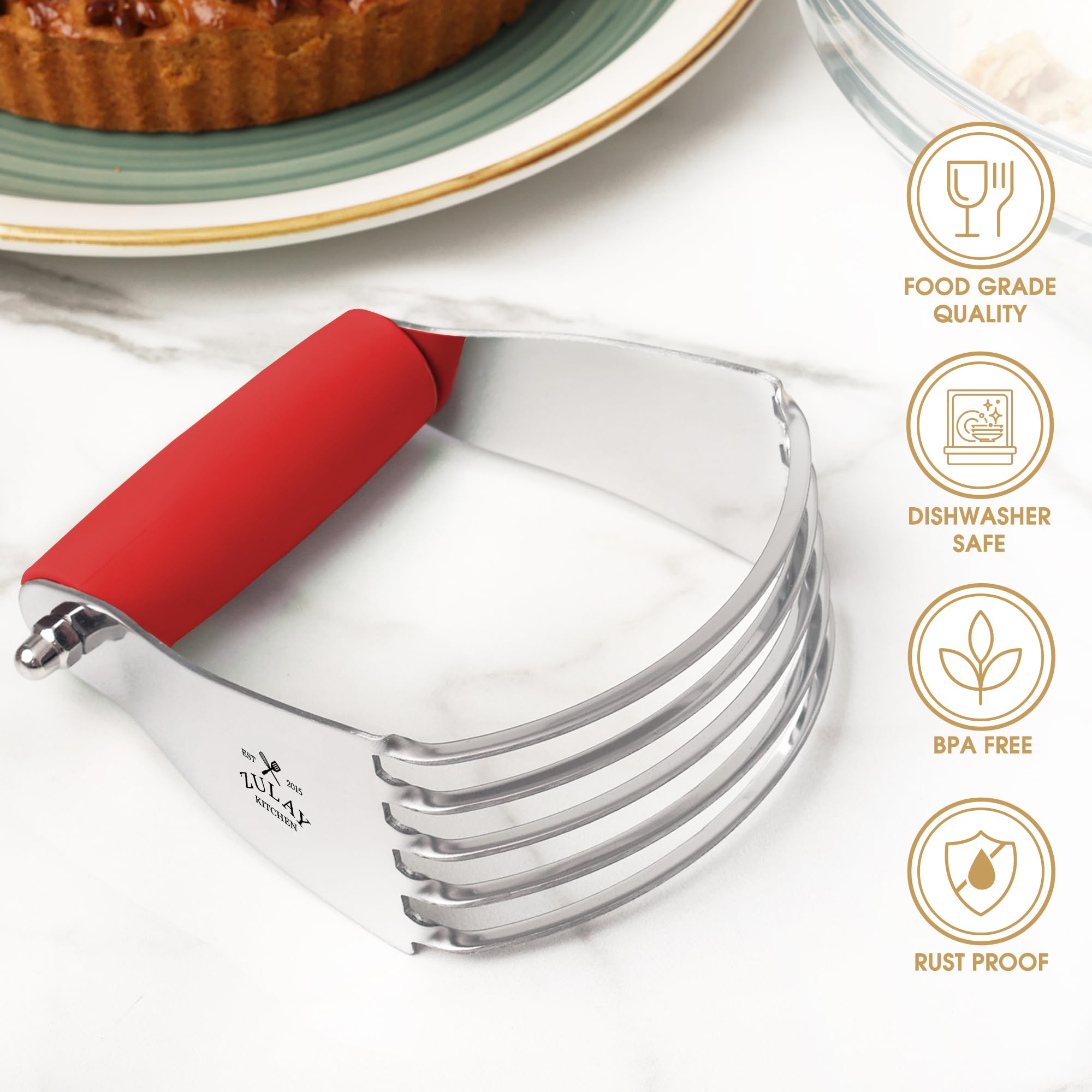 Zulay Kitchen Professional Stainless Steel Dough Blender - Heavy Duty Pastry Cutter with Sharp Blades for Baking Pies, Cookies & Biscuits - Perfect Butter Cutter for Home Bakers (Red) - Ideal for Making Flaky Pastry, Pie Crusts & Homemade Cookies
