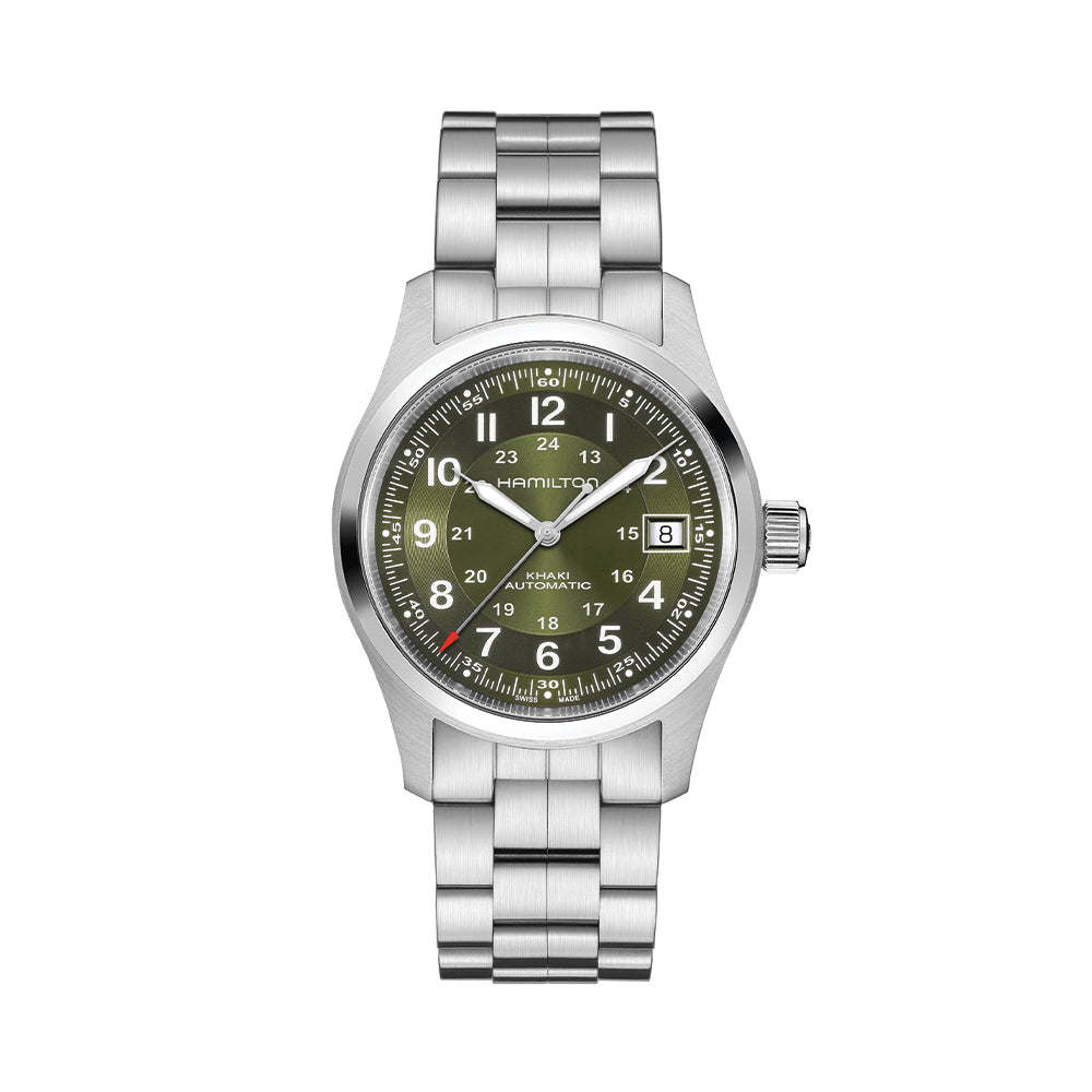 Khaki Field Auto Date 42mm Green Watch with Bracelet - Military Style Men's Watch for Outdoor Adventure & Everyday Wear