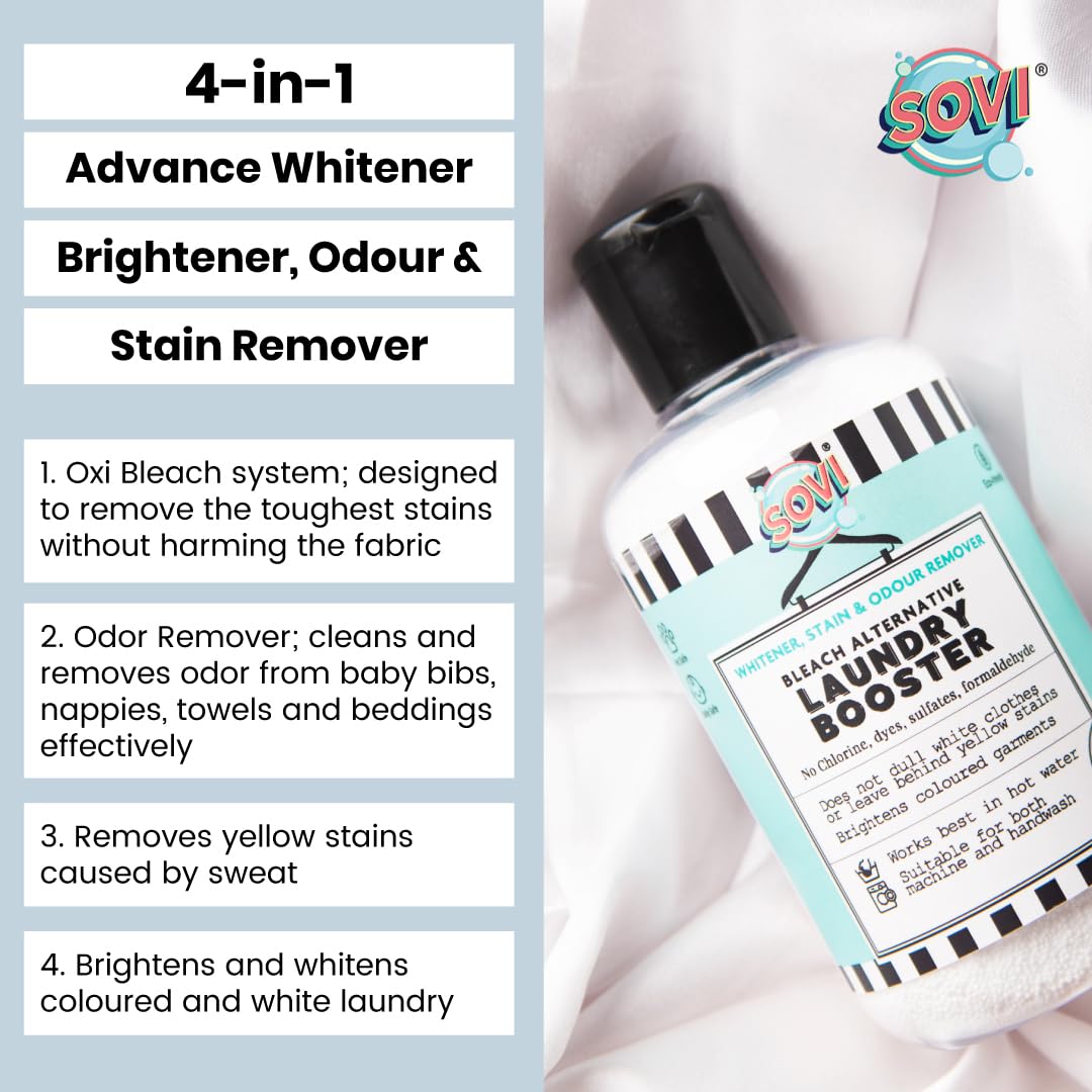 SOVI Fabric Whitener for White Clothes - Oxygen Bleach Stain Remover & Detergent Booster | Safe for Kids & Machine Wash | Odor Eliminator for Gym, Baby & Work Clothes | 500g Pack (1 Count)