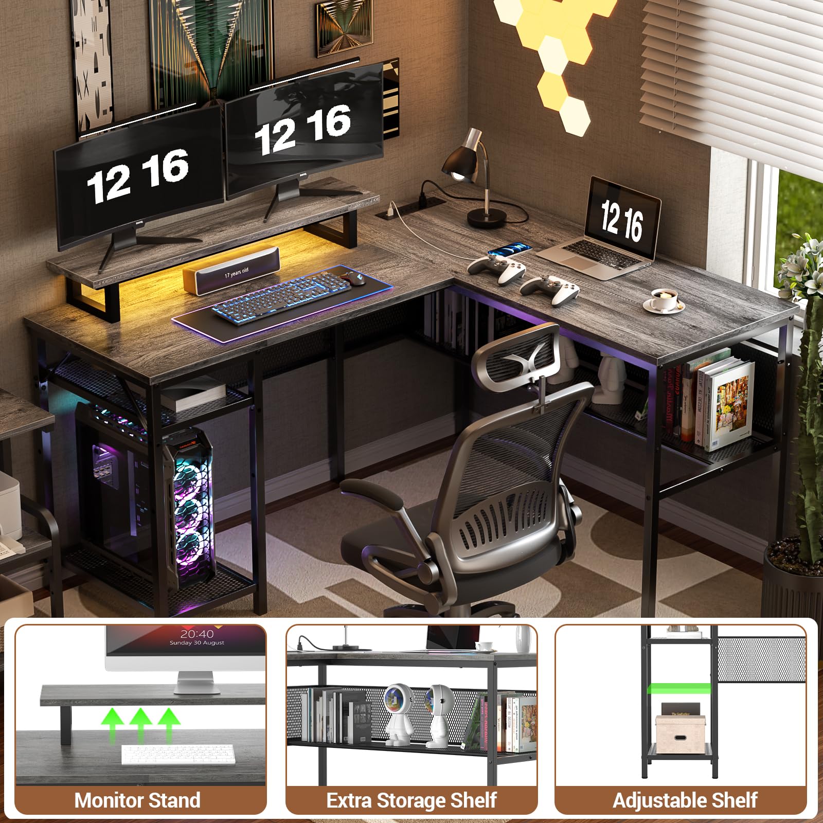 L Shaped Computer Desk with Power Outlets & LED Light - 55 Inch Corner Office Desk with Monitor Stand & Storage - Reversible Gaming Desk in Black Oak - Perfect for Home Office, Gaming Setup & Small Spaces