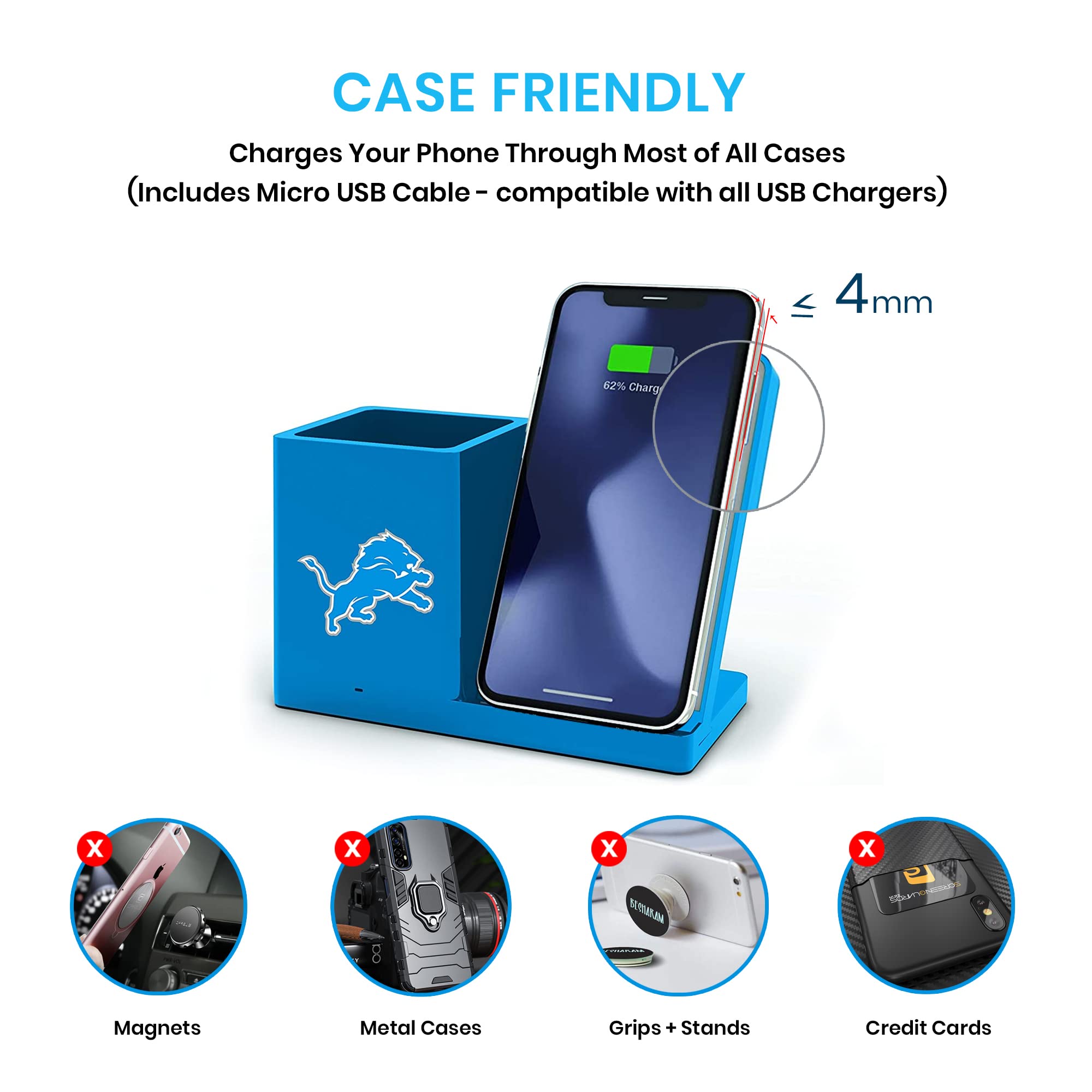 SOAR NFL Team Logo Wireless Charging Stand & Desktop Organizer - Fast Qi Charging Dock for iPhone, Samsung, AirPods - Perfect for Office, Home, and Game Room Decor