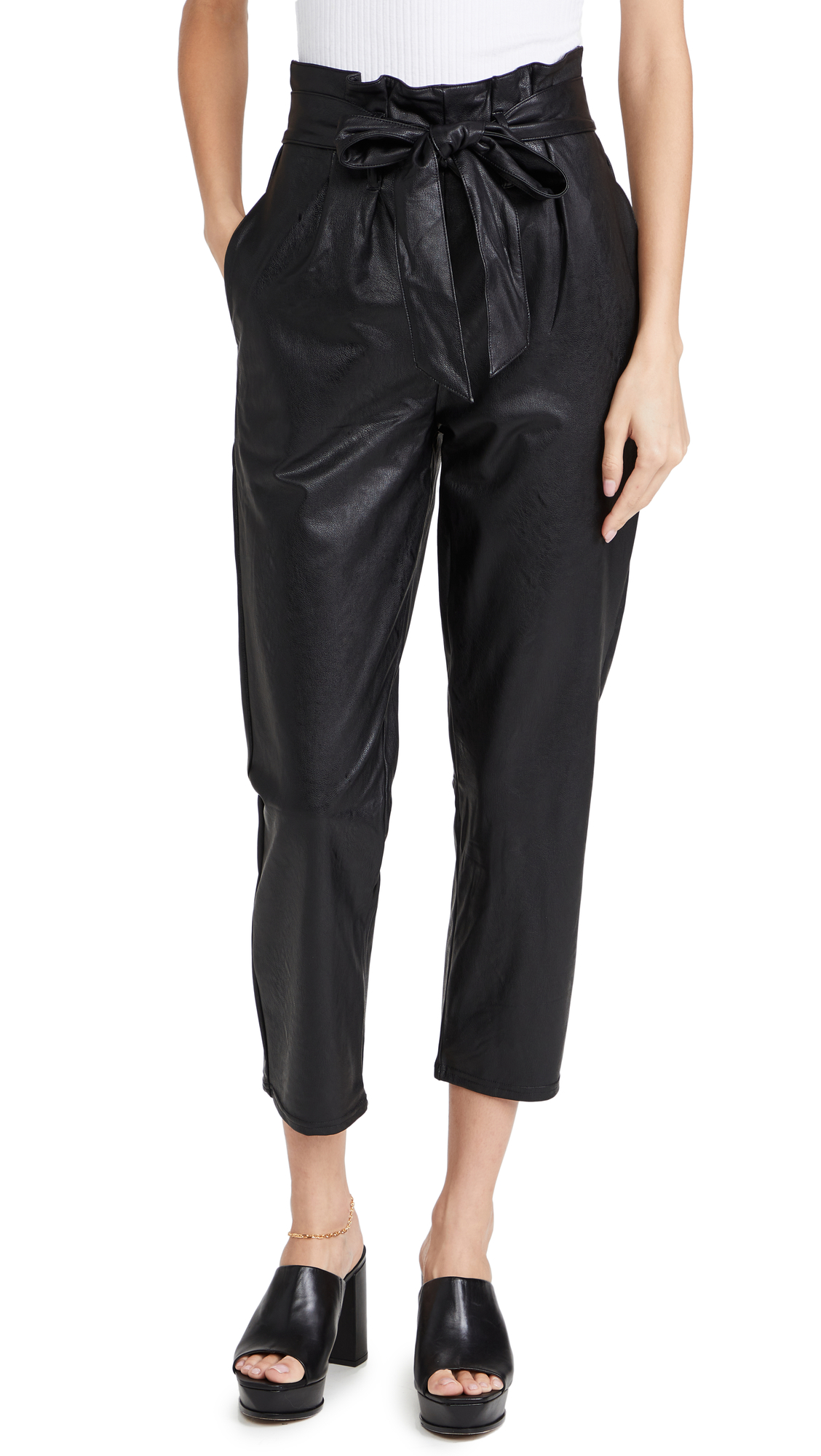 Commando Women's Faux Leather Paperbag Waist Pants - High Waisted Stretch Vegan Leather Trousers for Work, Party & Night Out