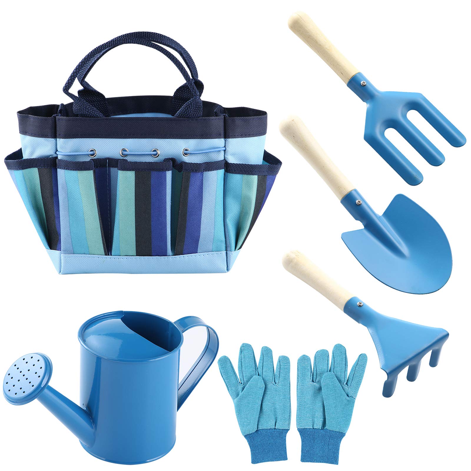 QWKIT 7-Piece Kids Gardening Tool Set - Watering Can, Gloves, Rake, Trowel, Fork & Storage Bag - Gardening Gifts for Children & Toddlers (Blue) - Perfect for Outdoor Play, Backyard Gardening & Educational Activities
