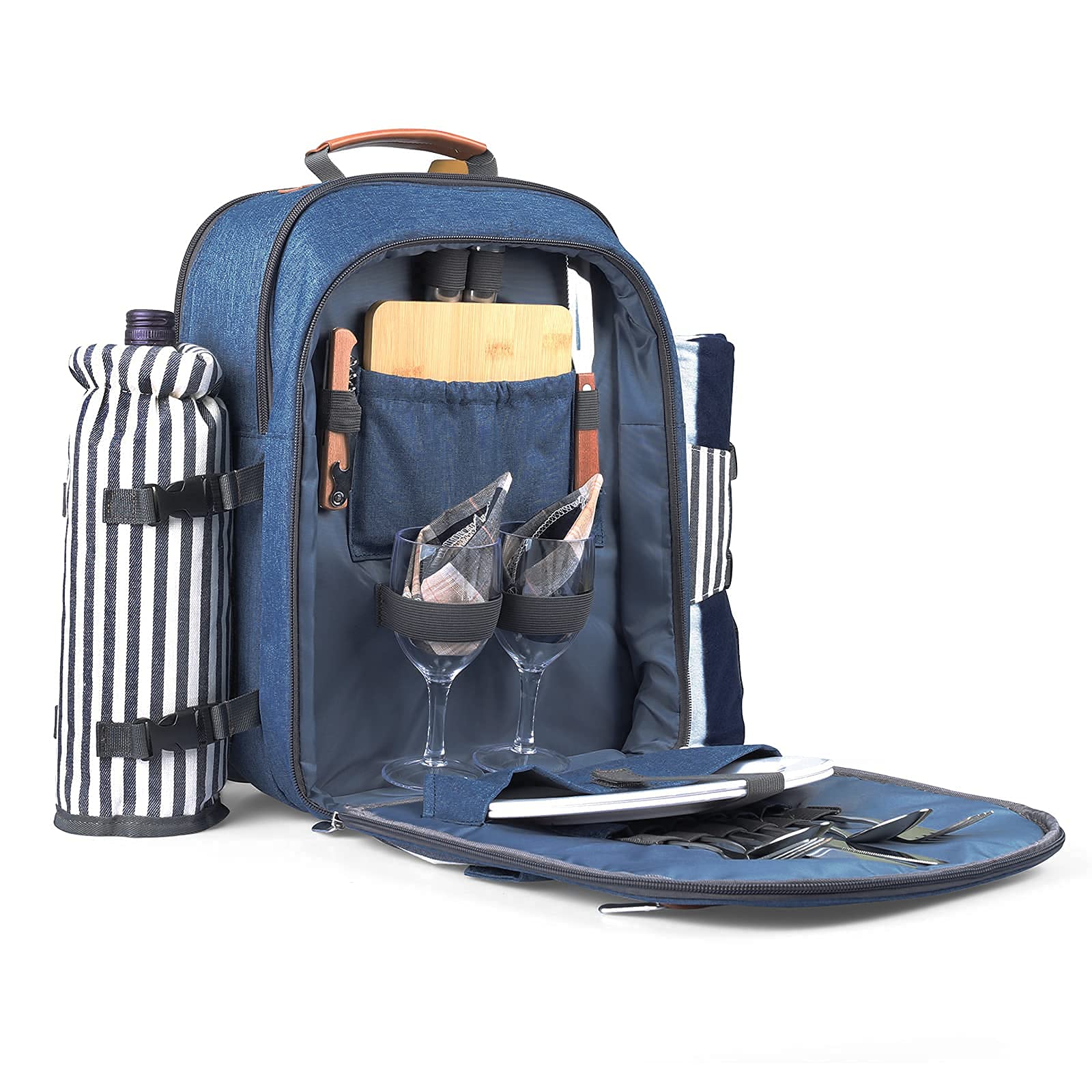 **Sunflora Insulated Picnic Backpack for 4 People – Portable Cooler Compartment, Durable & Spacious (Brush Beige & Blue Stripe) – Perfect for Beach Trips, Camping, and Outdoor Adventures**