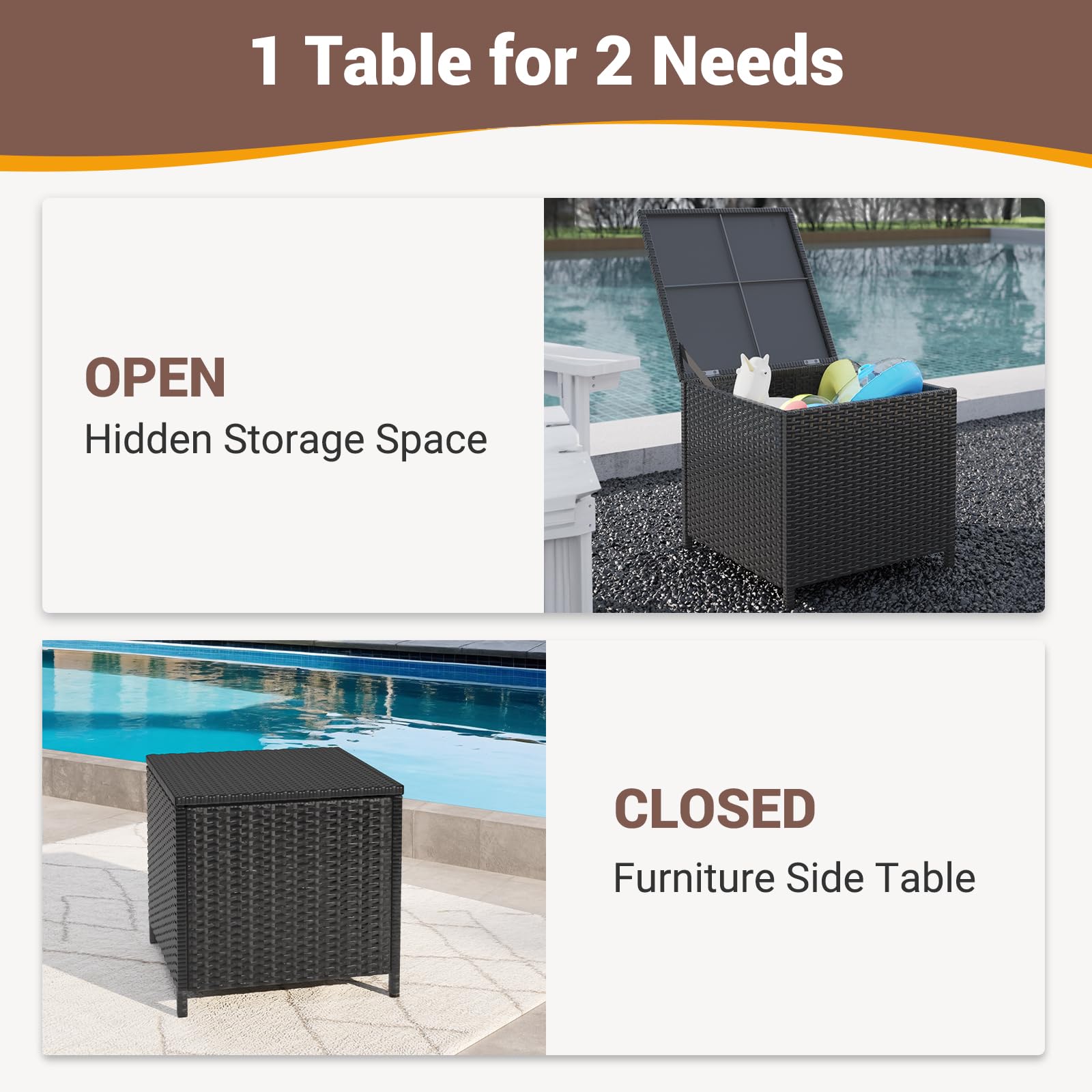 2-Piece Black Outdoor Wicker Side Table Set with Storage - Square Resin Rattan End Tables for Patio, Poolside & Backyard - Perfect for Storing Furniture Covers, Gardening Tools & Pool Toys (Weather-Resistant)
