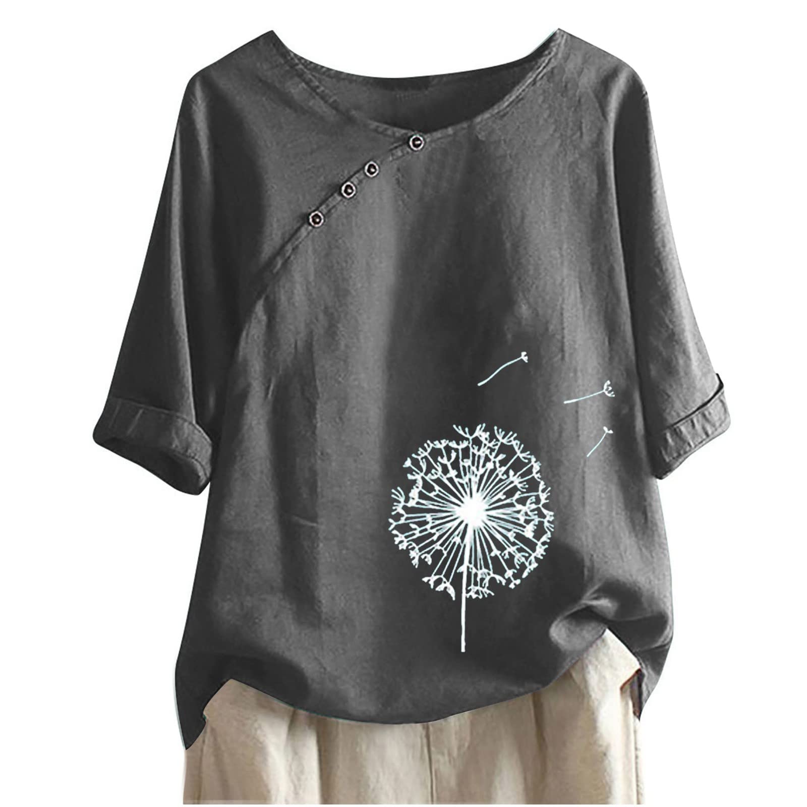 Youeneom Women's Summer Half Sleeve V-Neck Floral Printed Linen Top - Casual Button-Down Blouse for Beach, Travel & Everyday Wear (Grey, Size S)