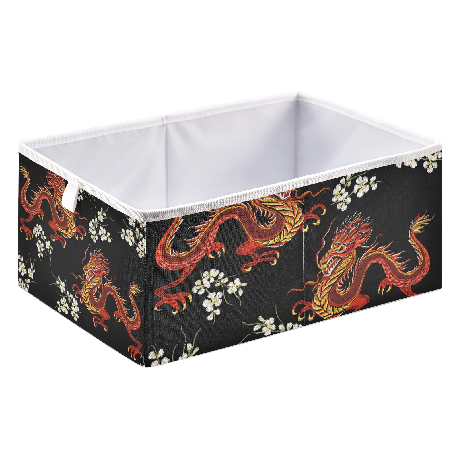 Large Collapsible Dragon Floral Storage Basket - Rectangular Storage Bin & Toy Organizer for Home, Laundry Room | Perfect for Kids' Toys, Blankets & Clothes Organization