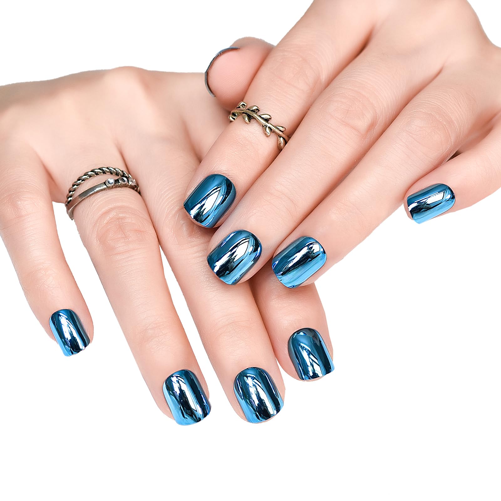 Blue Metallic Mirror Press On Nails - Medium Length Squoval False Nails with Glue | Reusable Acrylic Fake Fingernails for Women & Girls | Perfect for Office, Home, Party & Salon Manicure | Nail Art Tips for Everyday Wear & Special Occasions