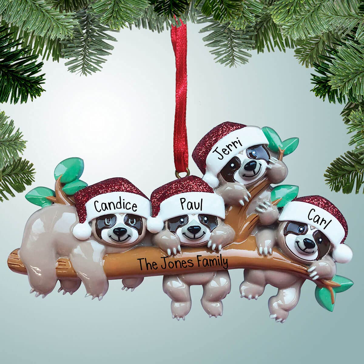 Personalized Sloth Family Christmas Ornament - Set of 4 - Custom Handwritten Design for Slow-Paced Families - Perfect Holiday Home Decor & Gift for Animal Lovers