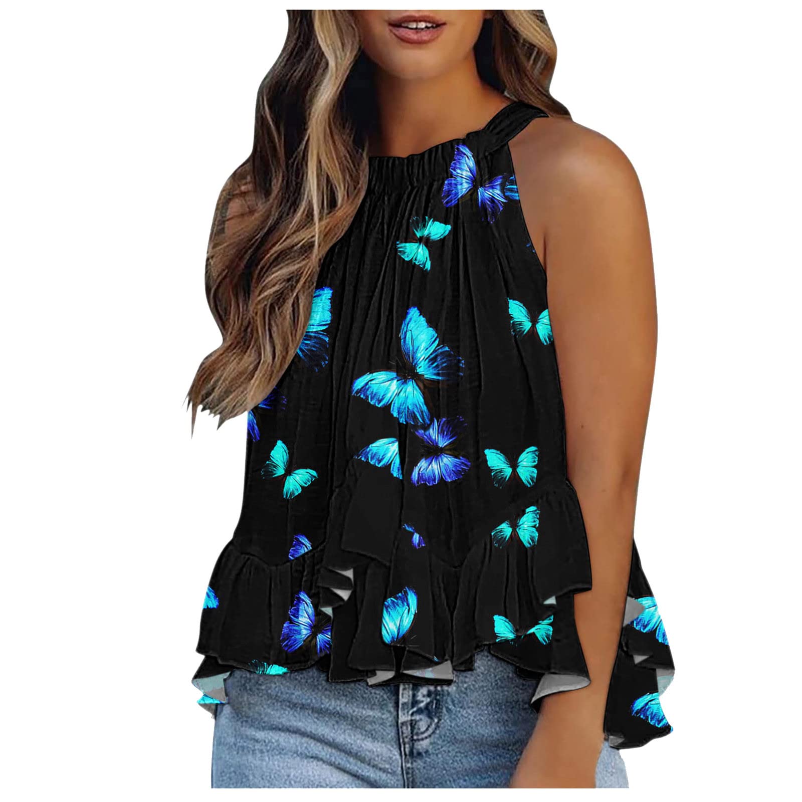Women's Trendy Sleeveless Printed Crop Top - Casual Ruffled Blouse for Summer Outfits & Night Out | Perfect for Parties, Dates, and Beach Vacations