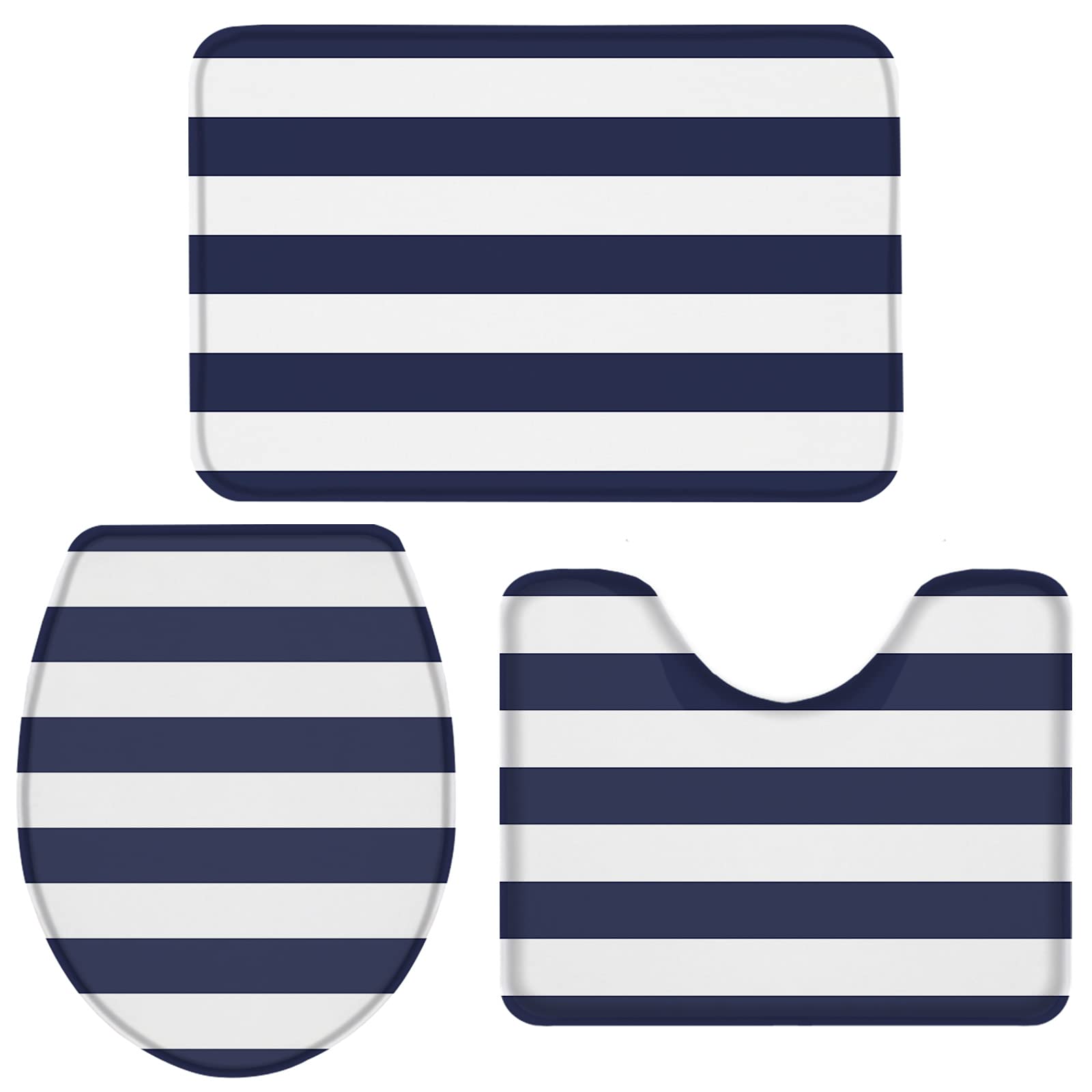 3-Piece Non-Slip Bathroom Rug Set - Navy Blue & White Striped Contour Mat, Toilet Lid Cover & Absorbent Shower Mat - Soft Minimalist Bath Mats for Bathroom Safety and Style - Perfect for Modern Homes, Apartments & Guest Bathrooms
